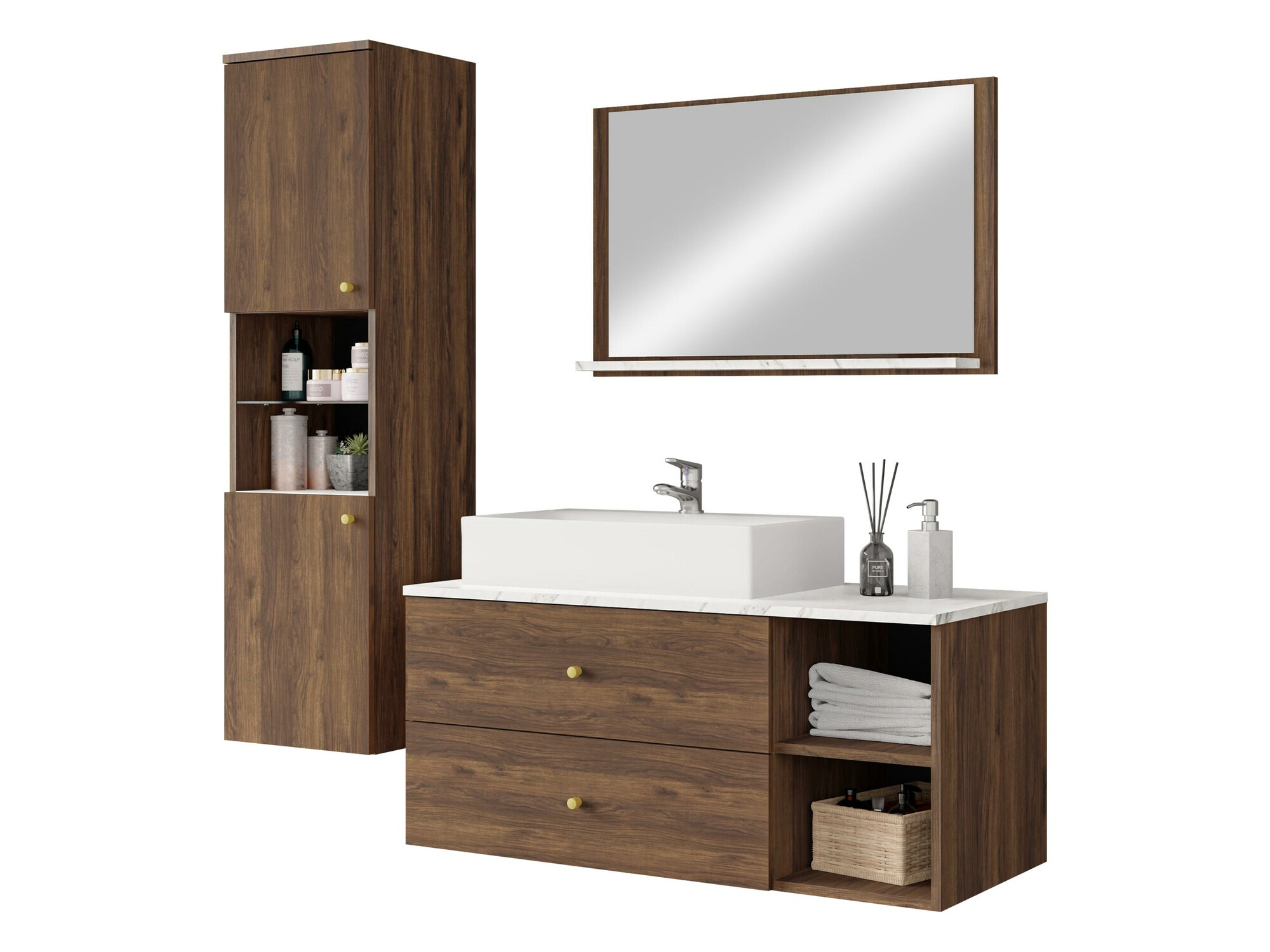 Badezimmer-Set Salus II (Walnussholzoptik + Weisser Marmor)