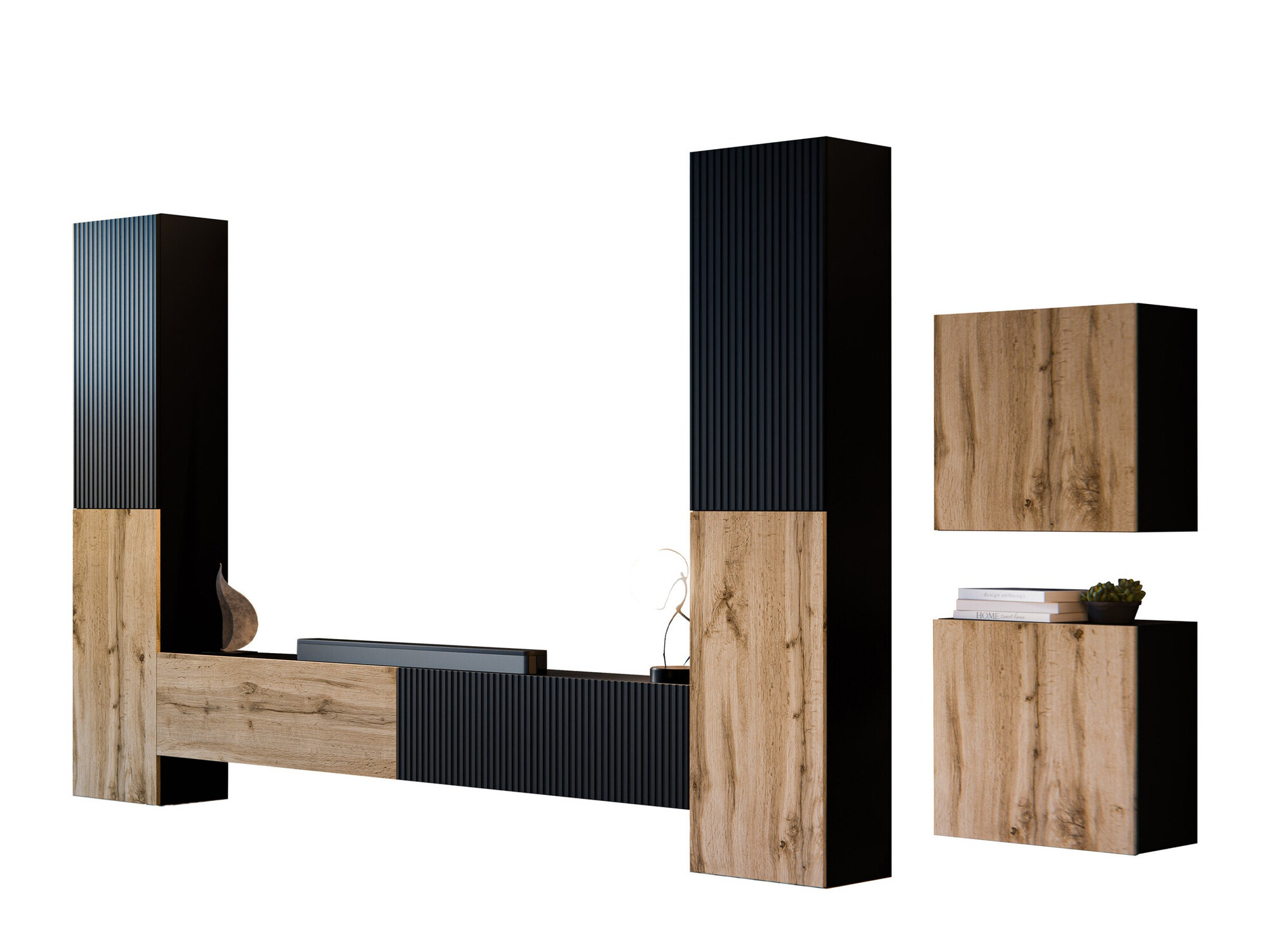 Wohnzimmer-Set Species V (Schwarz + Wotan-Eiche)