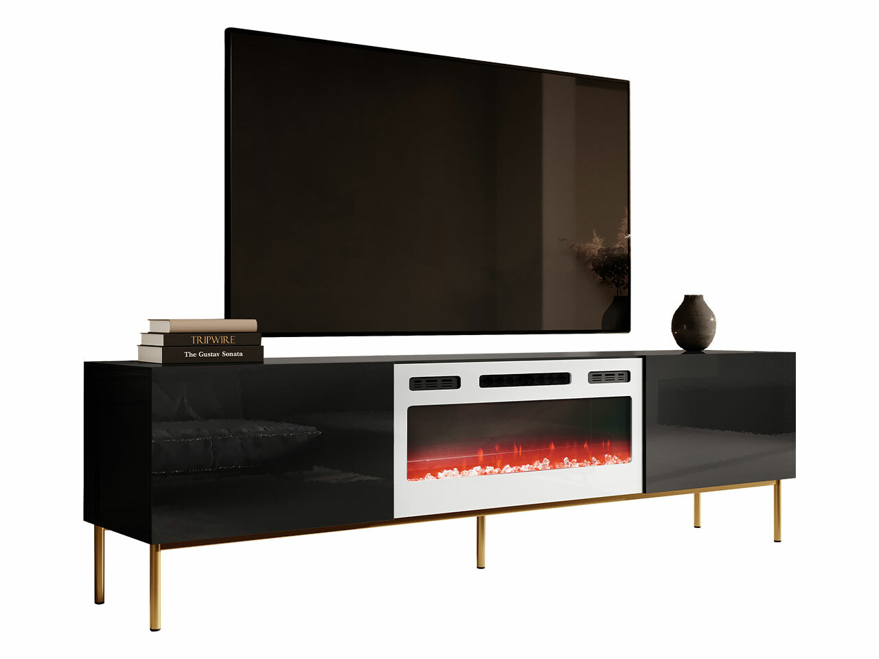 TV-Möbel Charlotte 163 (Schwarz + Schwarz glänzend + Gold)