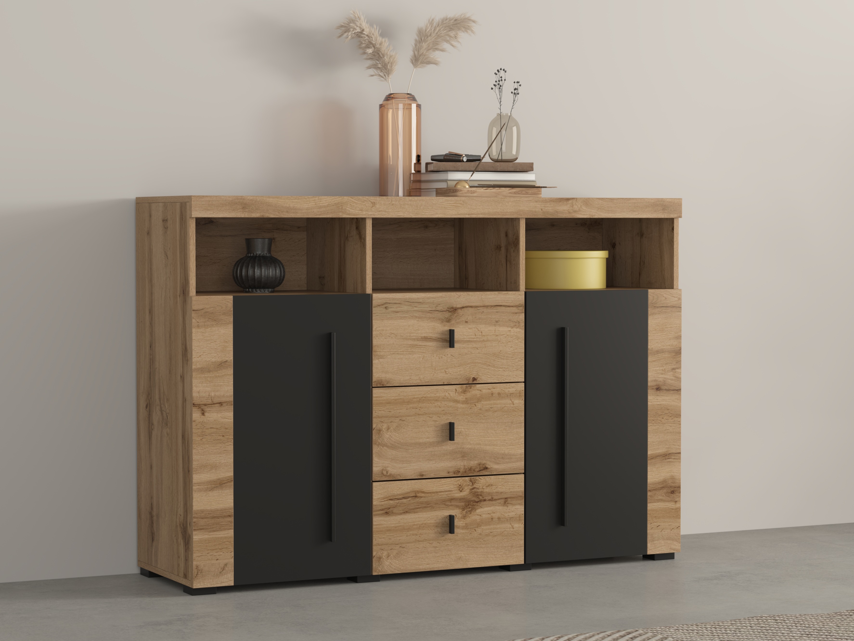 Kommoden Sorciro 101 (Schwarz + Wotan Eiche)