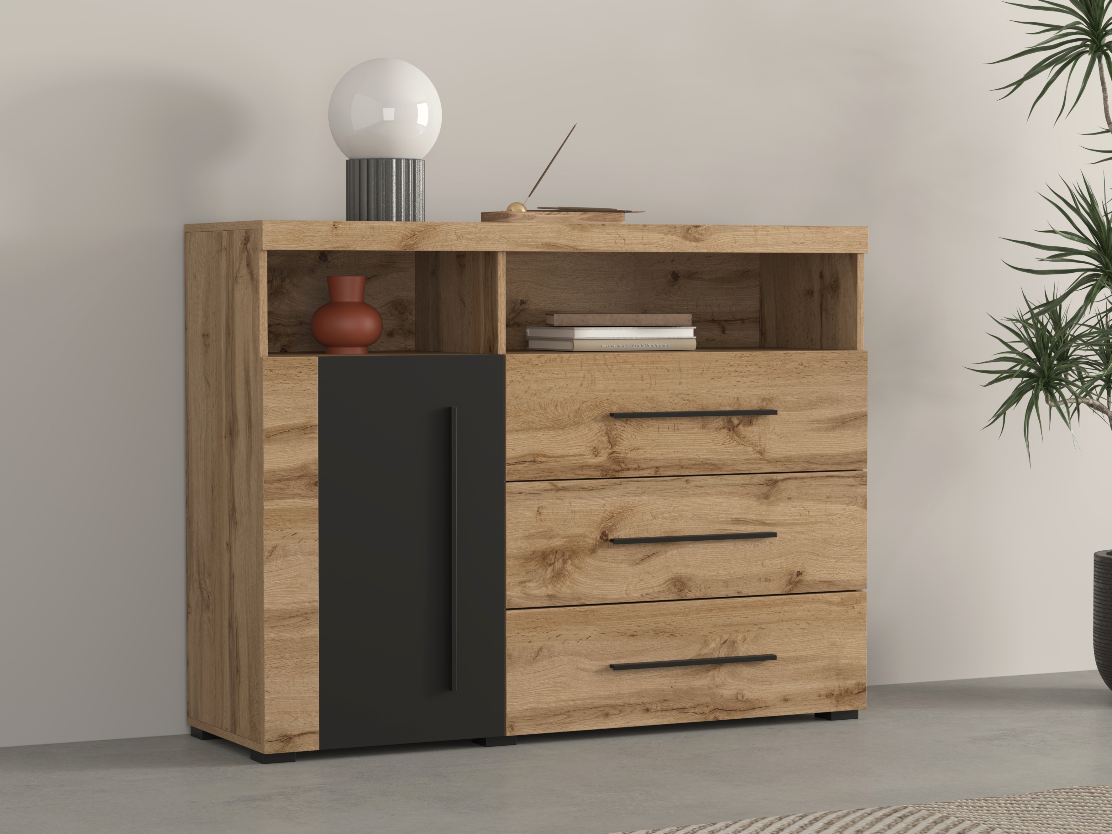 Kommoden Sorciro 102 (Schwarz + Wotan Eiche)