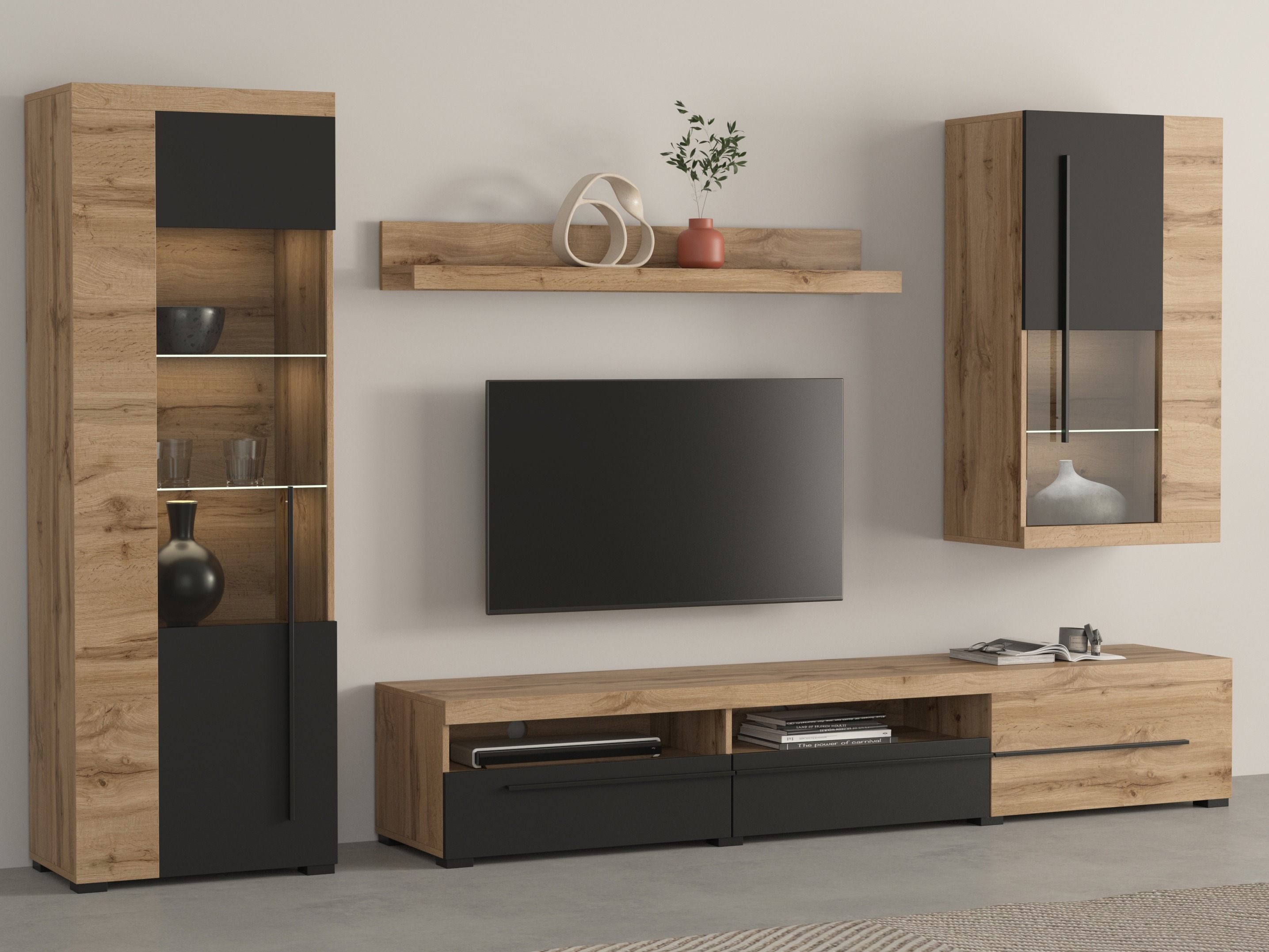 Wohnzimmer-Set Sorciro 105 (Schwarz + Wotan Eiche)