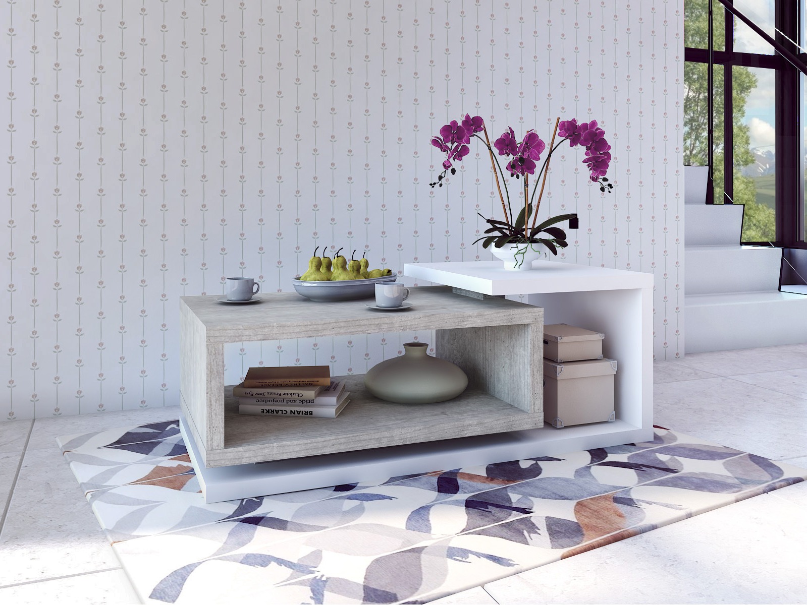 Couchtisch Lutiva 104 (Weiss + Beton)