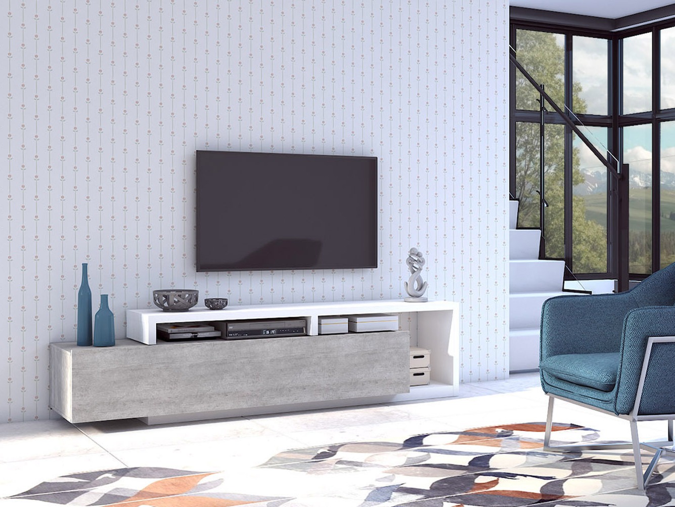 TV-Möbel Lutiva 103 (Weiss + Beton)