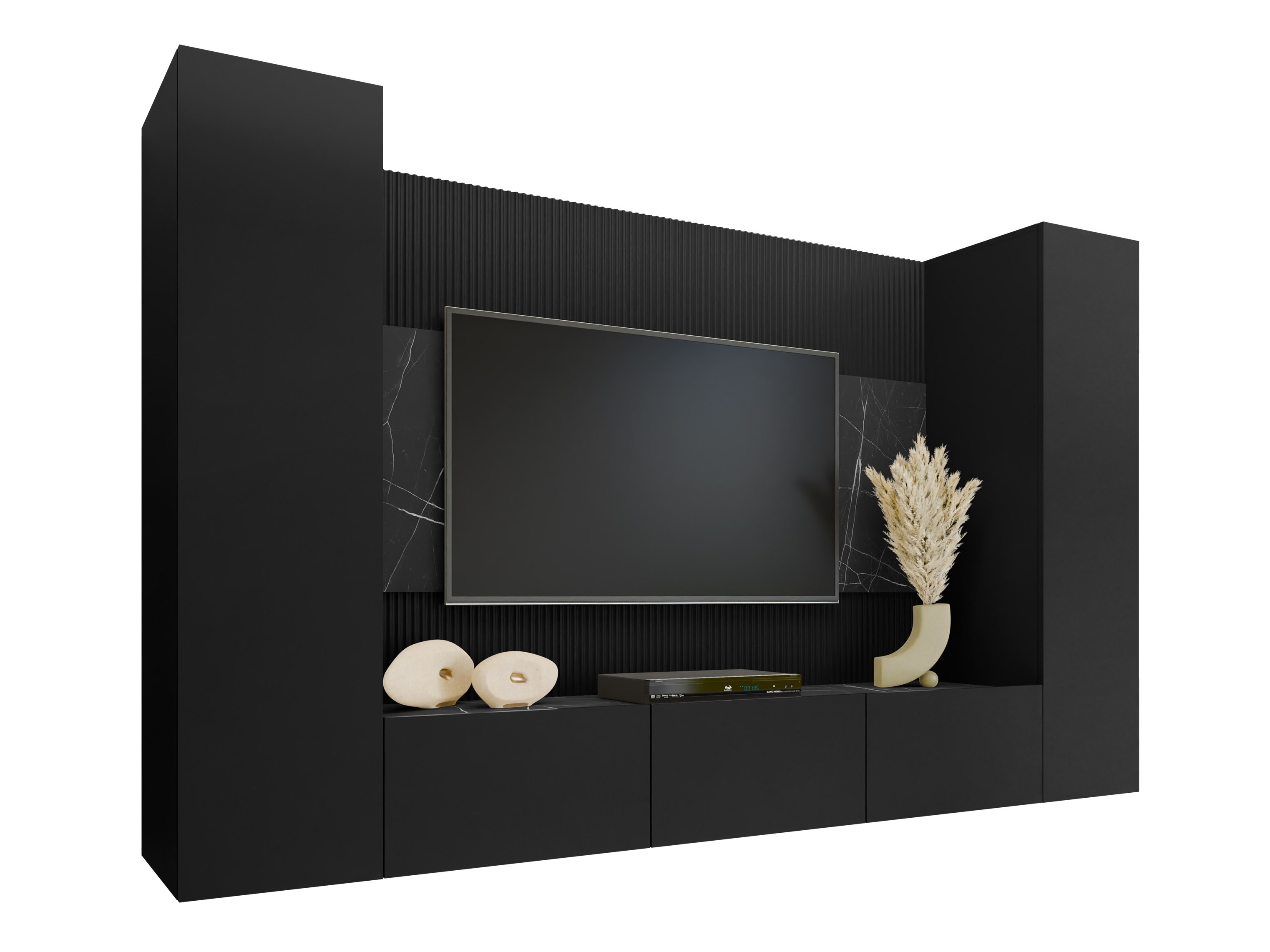 Wohnzimmer-Set Comfivo Salix V (Schwarz + Schwarzer Marmor)