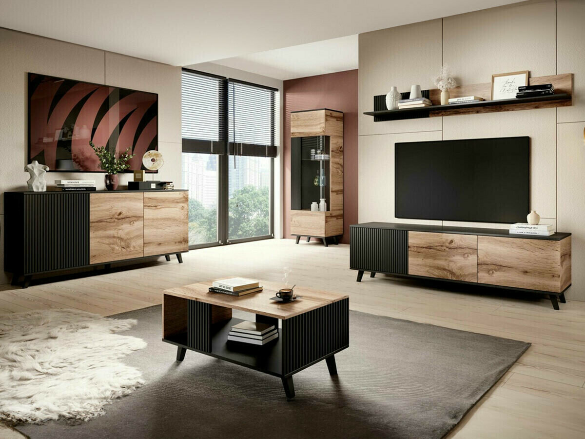 Wohnzimmer-Set Luelia 107 (Schwarz + Wotan-Eiche)