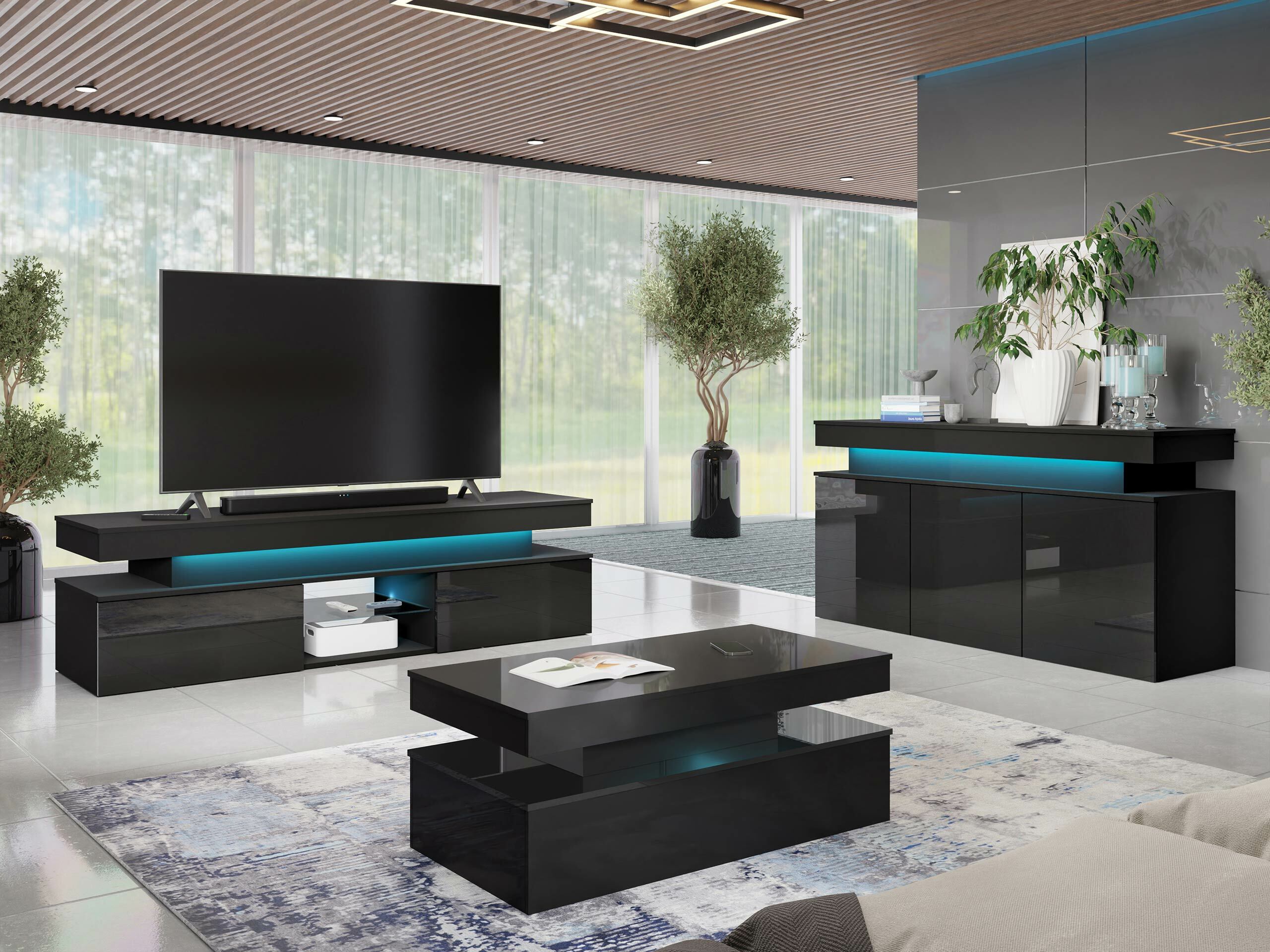 TV-Möbel Monfero 103 (Schwarz + Schwarz glänzend)