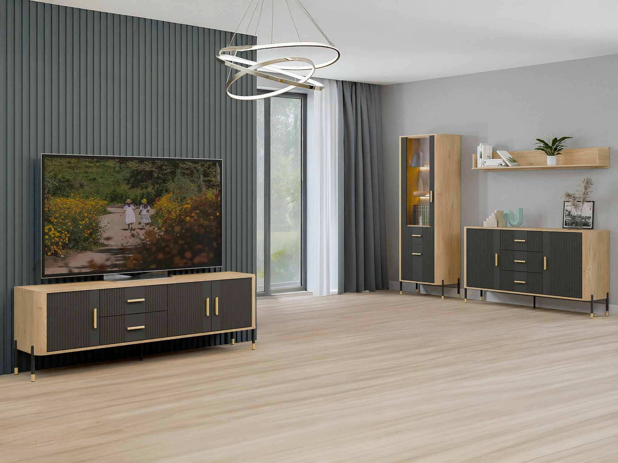 Wohnzimmer-Sets Flosora 148 (Anthrazit)