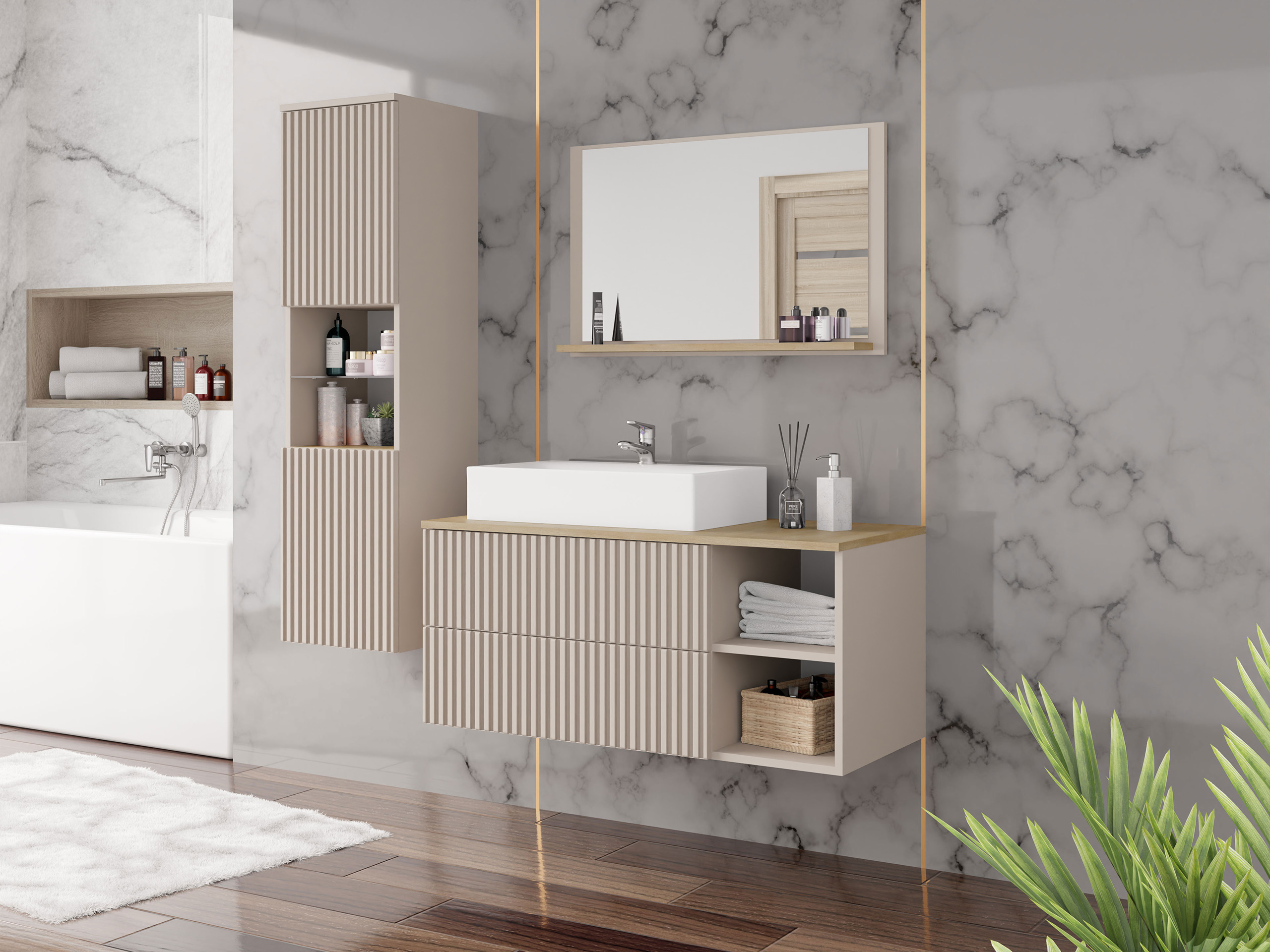 Badezimmer-Set Nauta I (Kaschmir + Eichenholzoptik)
