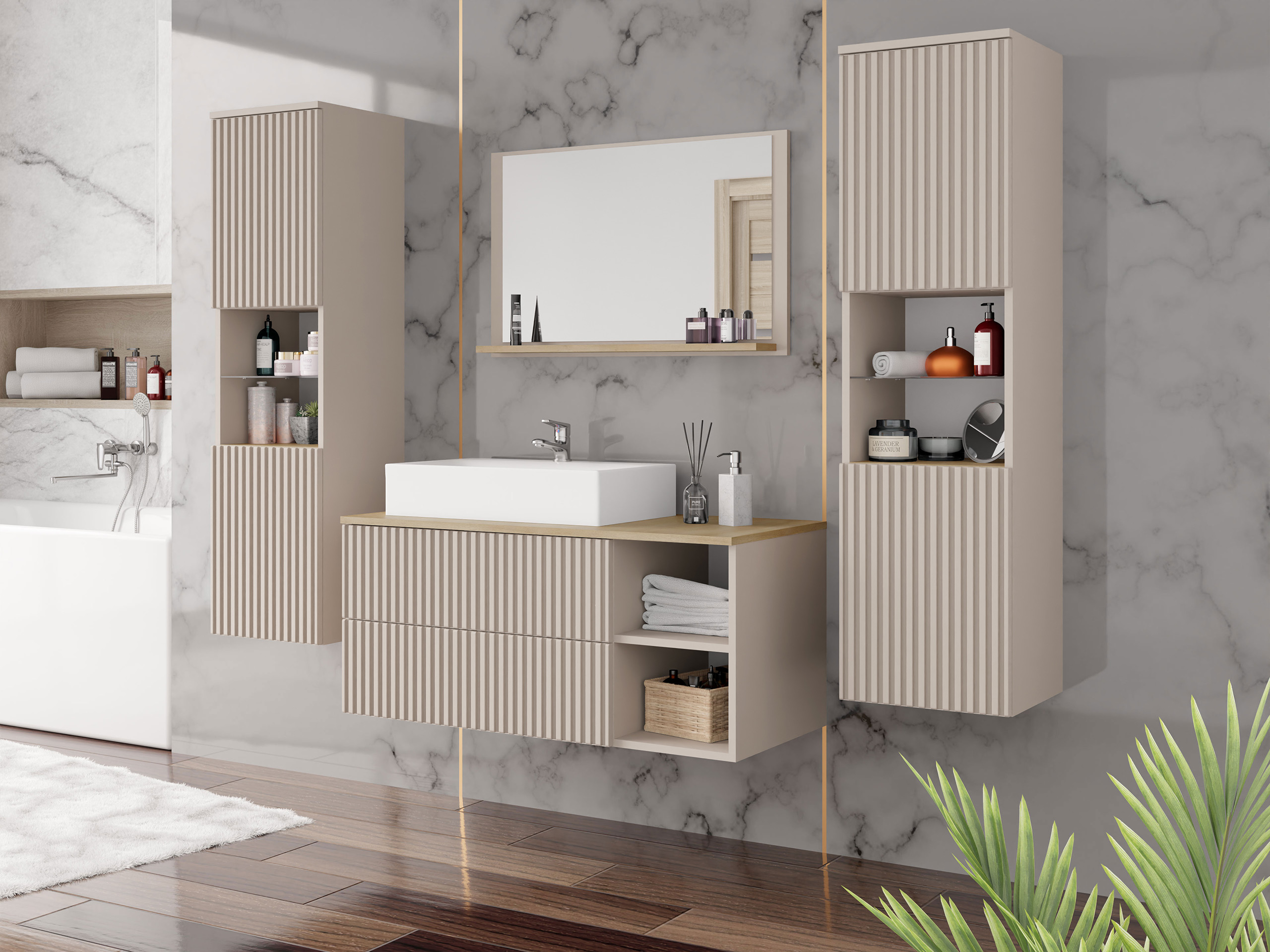 Badezimmer-Set Nauta II (Kaschmir + Eichenholzoptik)