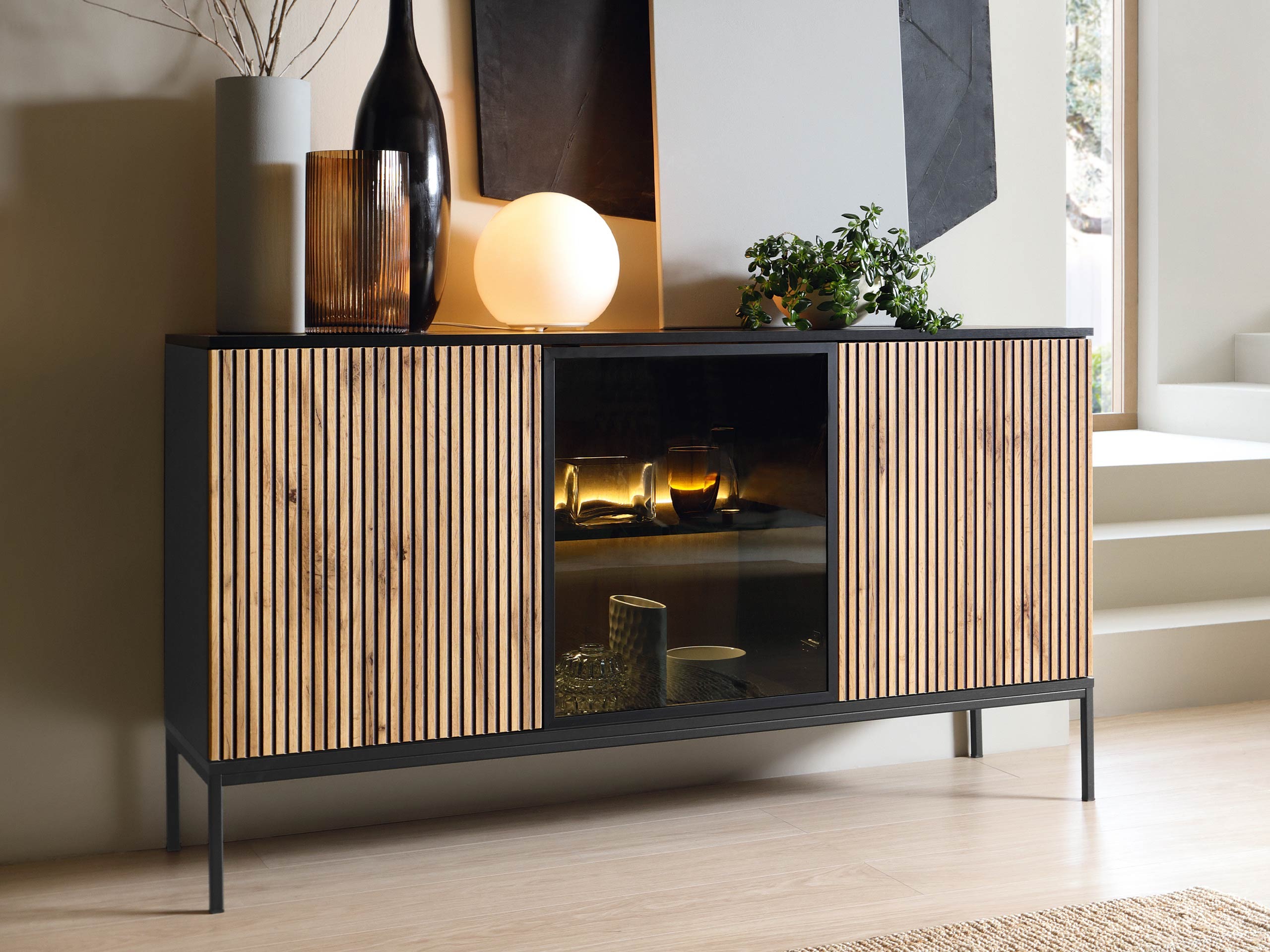 Sideboard Manal I (Schwarz + Wotan Eiche)