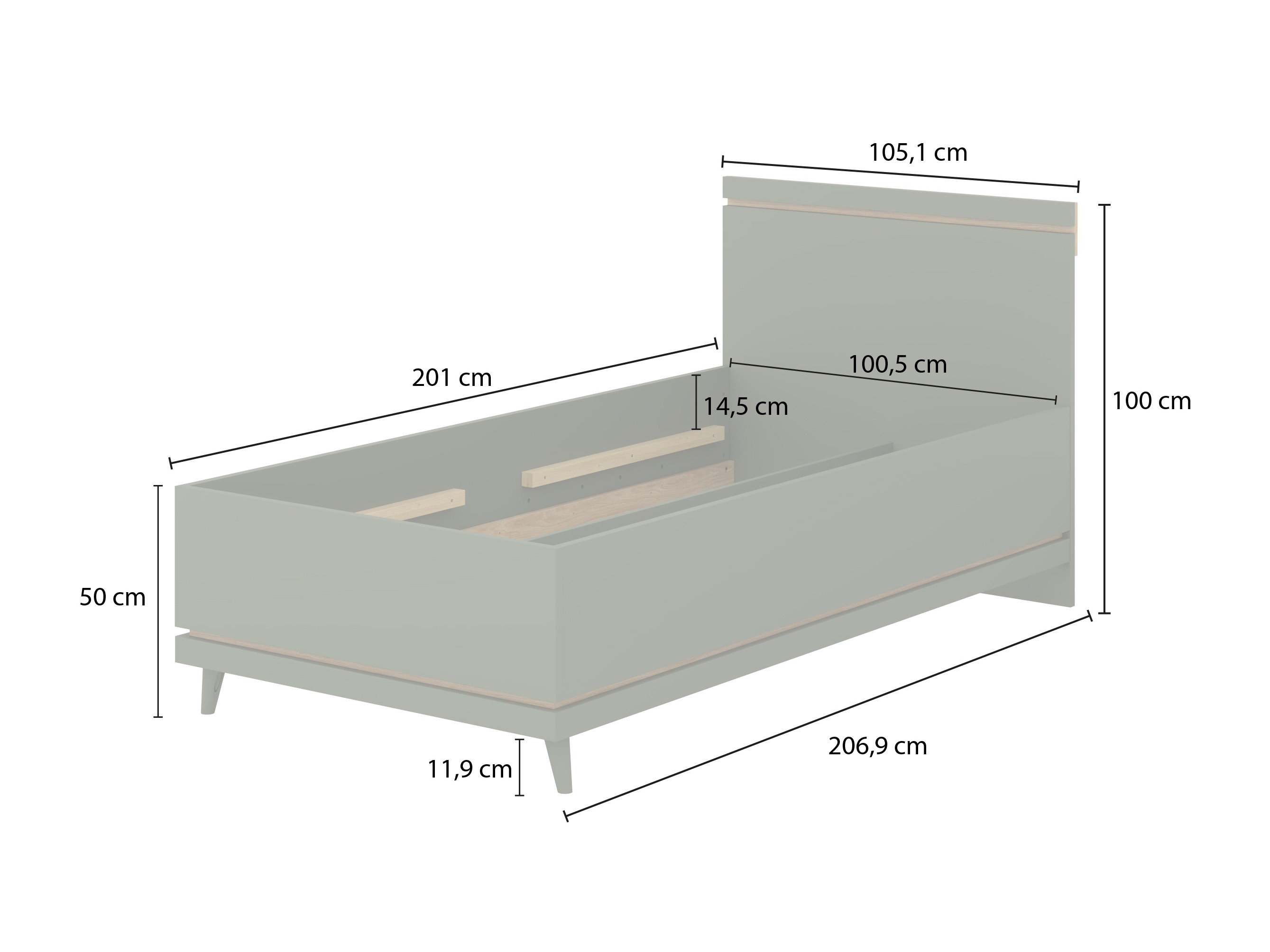 Bett Fertalu 107 (Grün + Eiche)