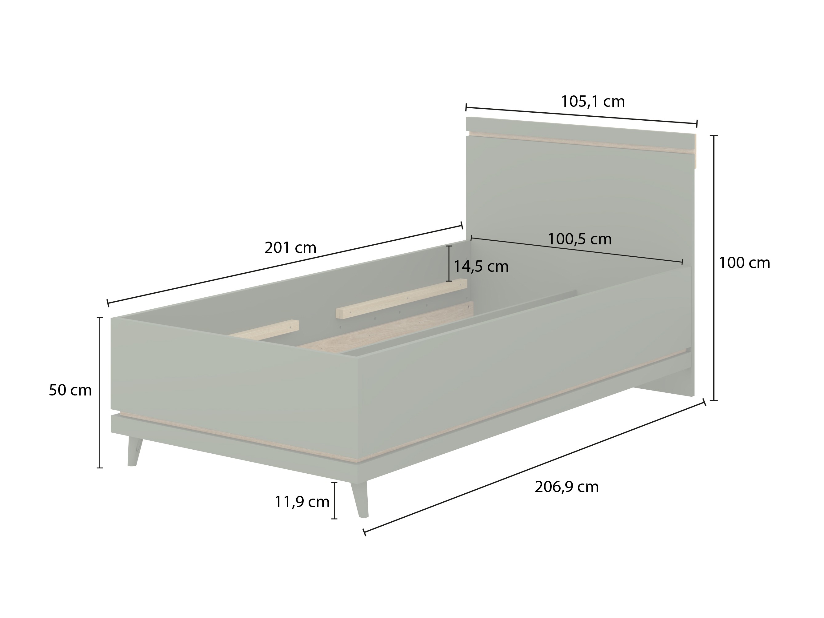 Bett Fertalu 107 (Grün + Eiche)