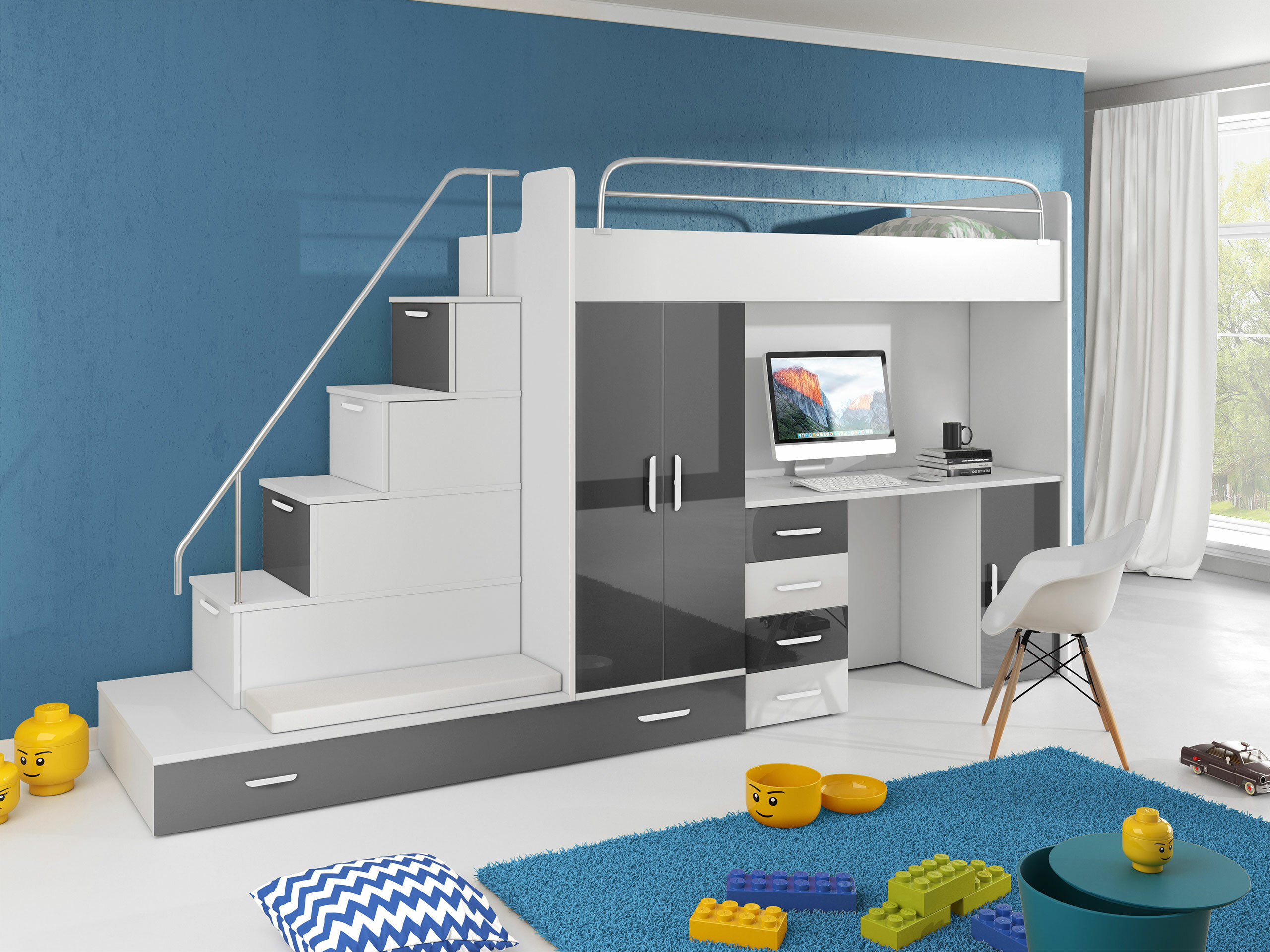 Kinderzimmer-Set Campus I (Weiss + Weiss glänzend + Glanzgrau)