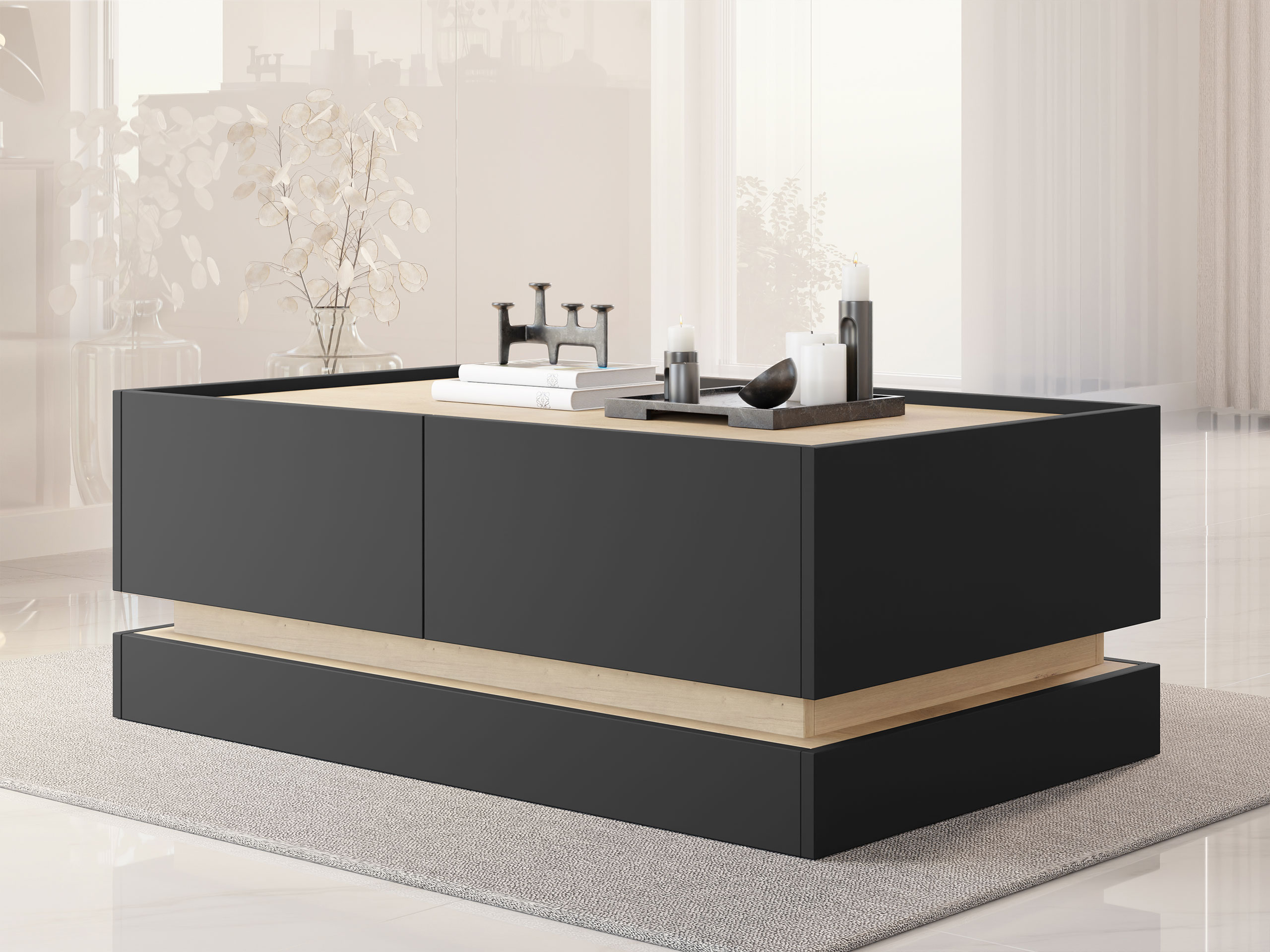 Couchtisch Comfivo Tilia (Schwarz + Eichenholzoptik)