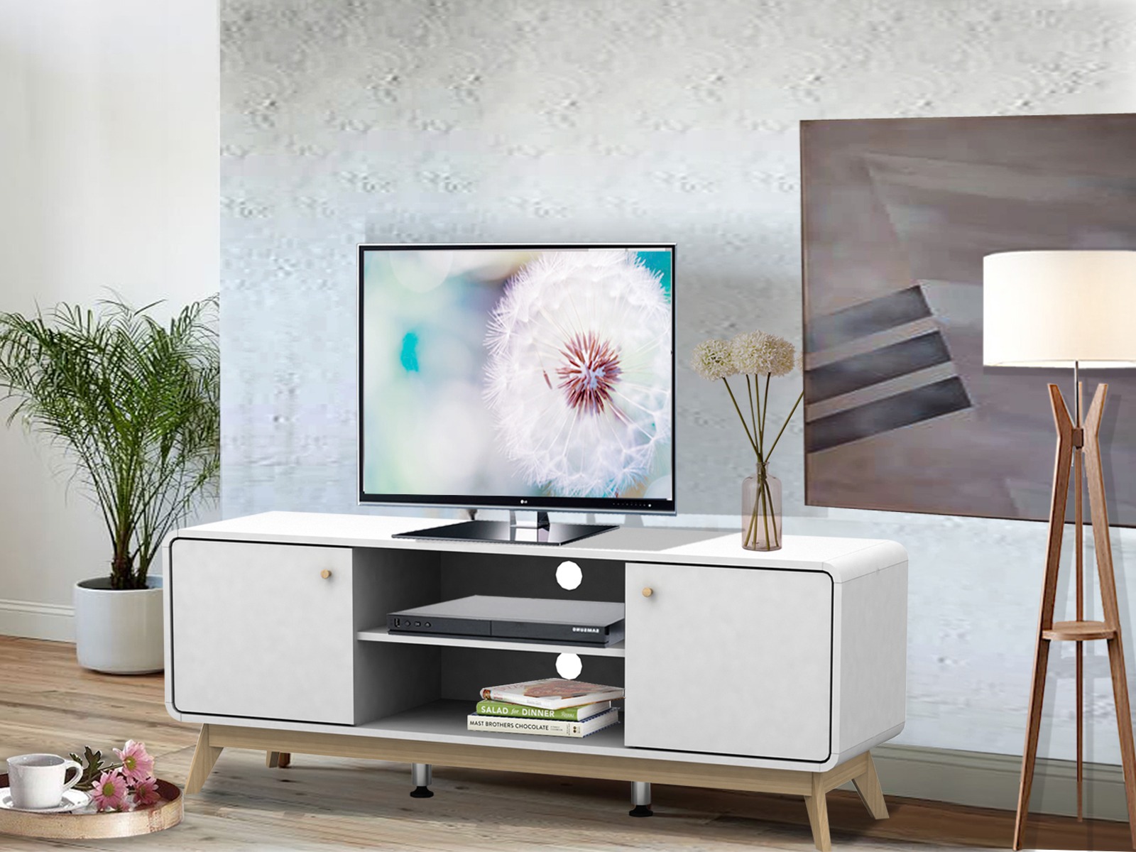 TV-Möbel Elbtena 107 (Weiss + Eiche)