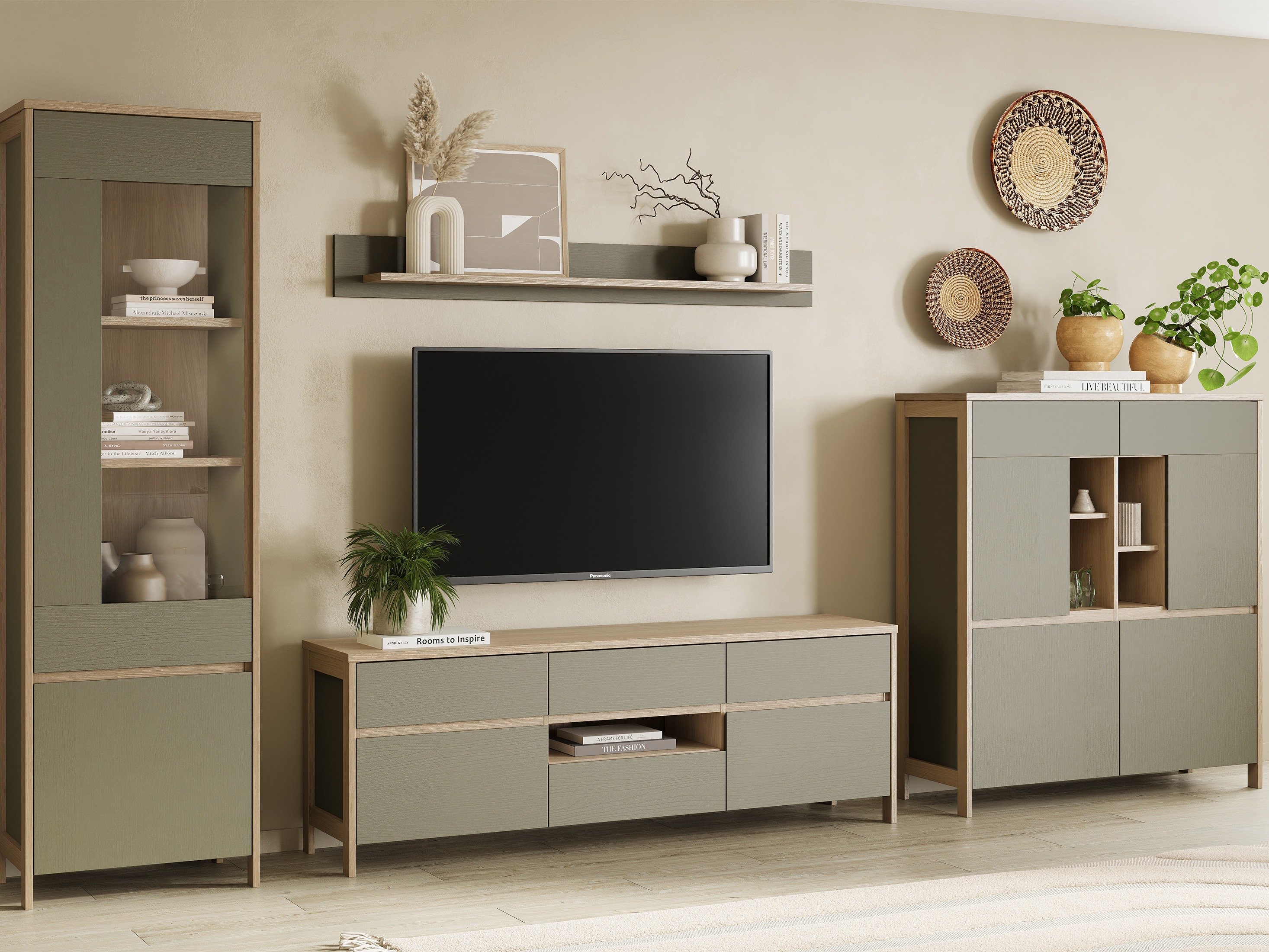 TV-Möbel Fermaru 102 (Staubiges Grün + Eiche)