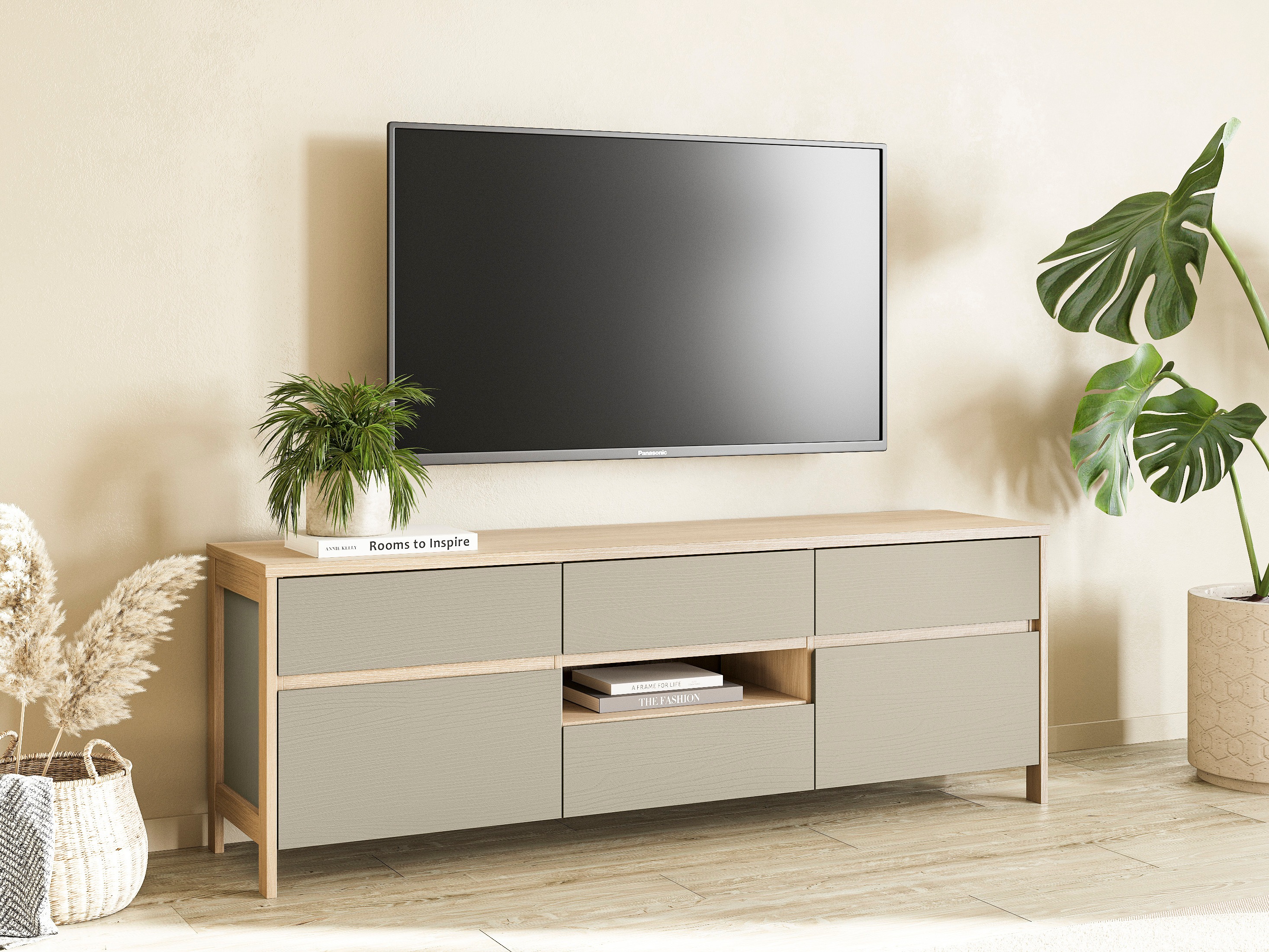 TV-Möbel Fermaru 102 (Staubiges Grün + Eichenholzoptik)