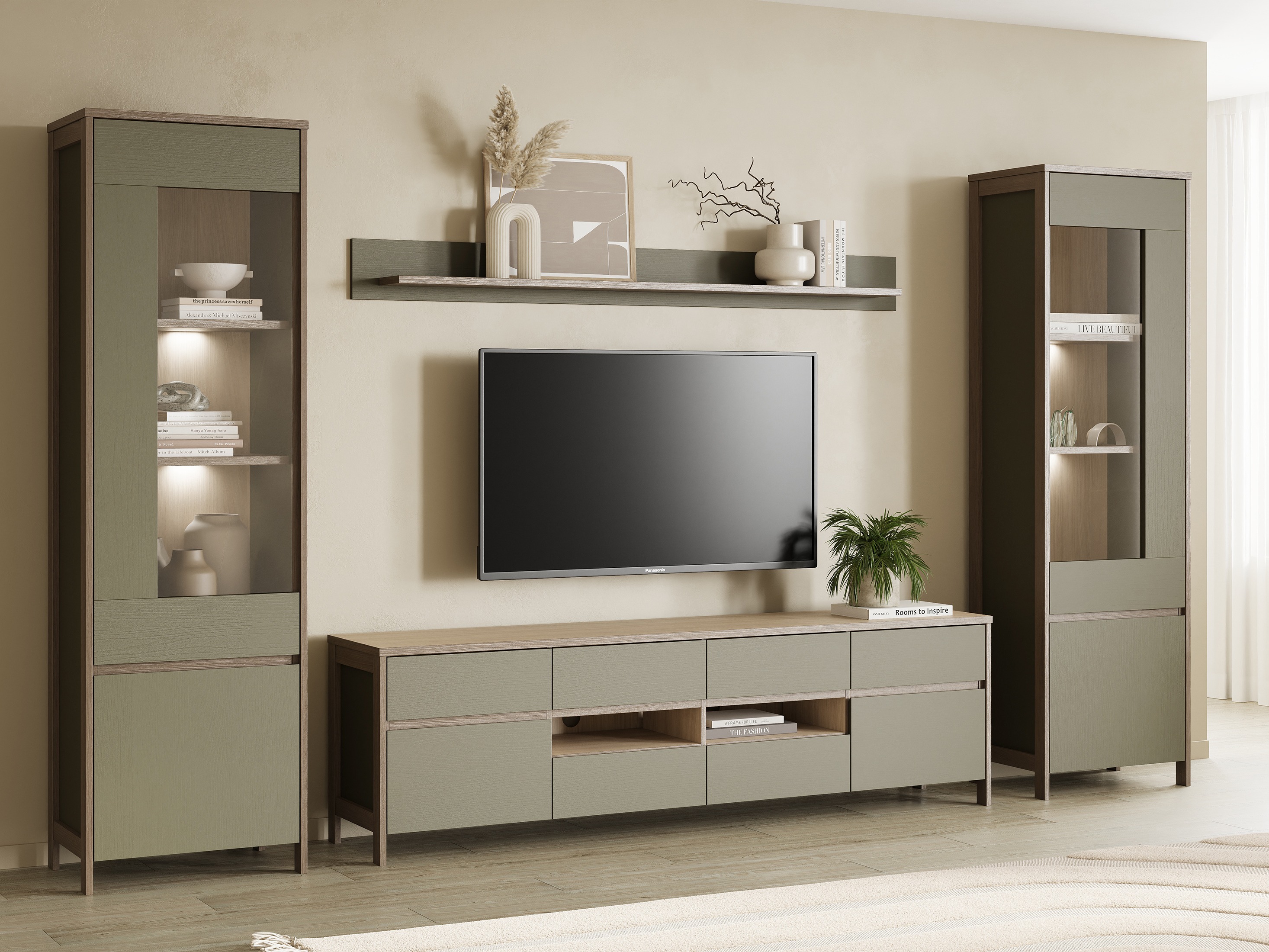 Wohnzimmer-Set Fermaru 111 (Staubiges Grün + Eiche)