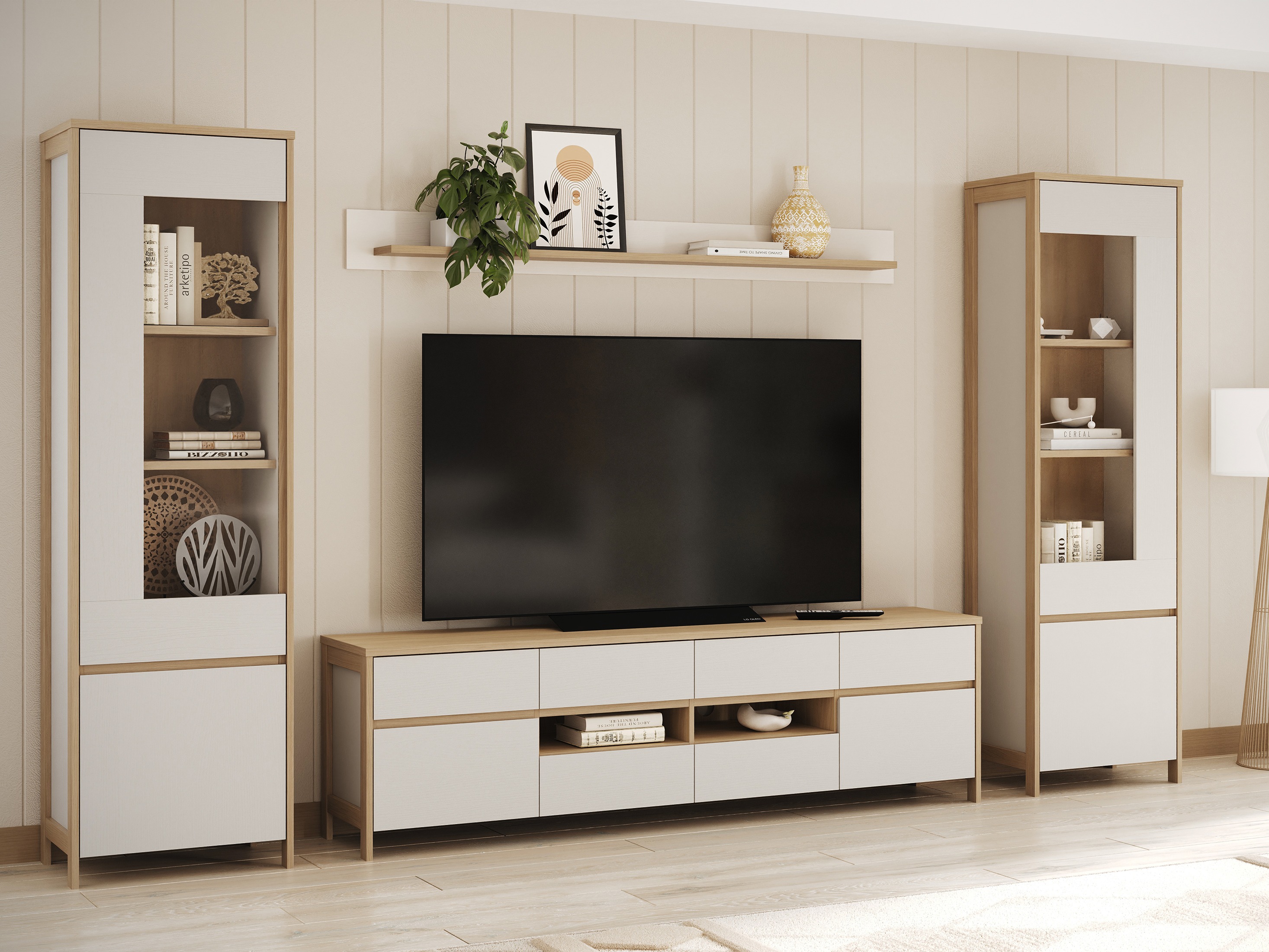 Wohnzimmer-Set Fermaru 111 (Weiss + Eichenholzoptik)