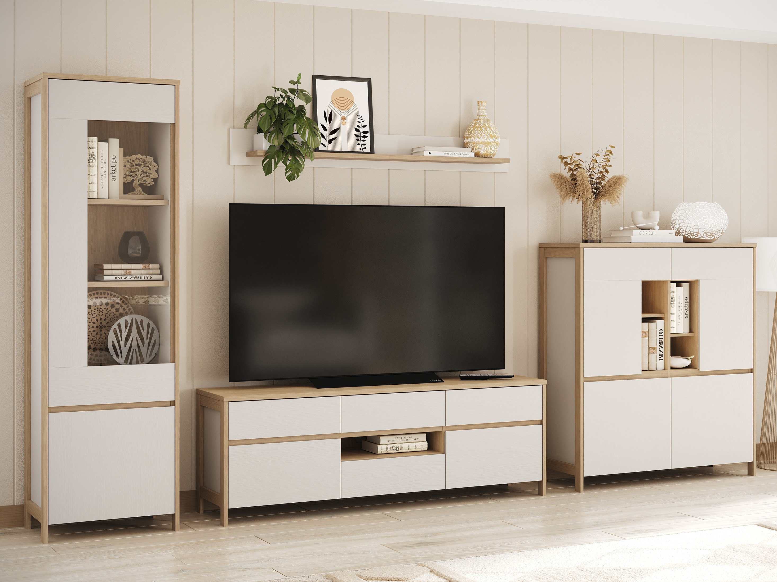 Wohnzimmer-Sets Fermaru 110 (Weiss + Eichenholzoptik)