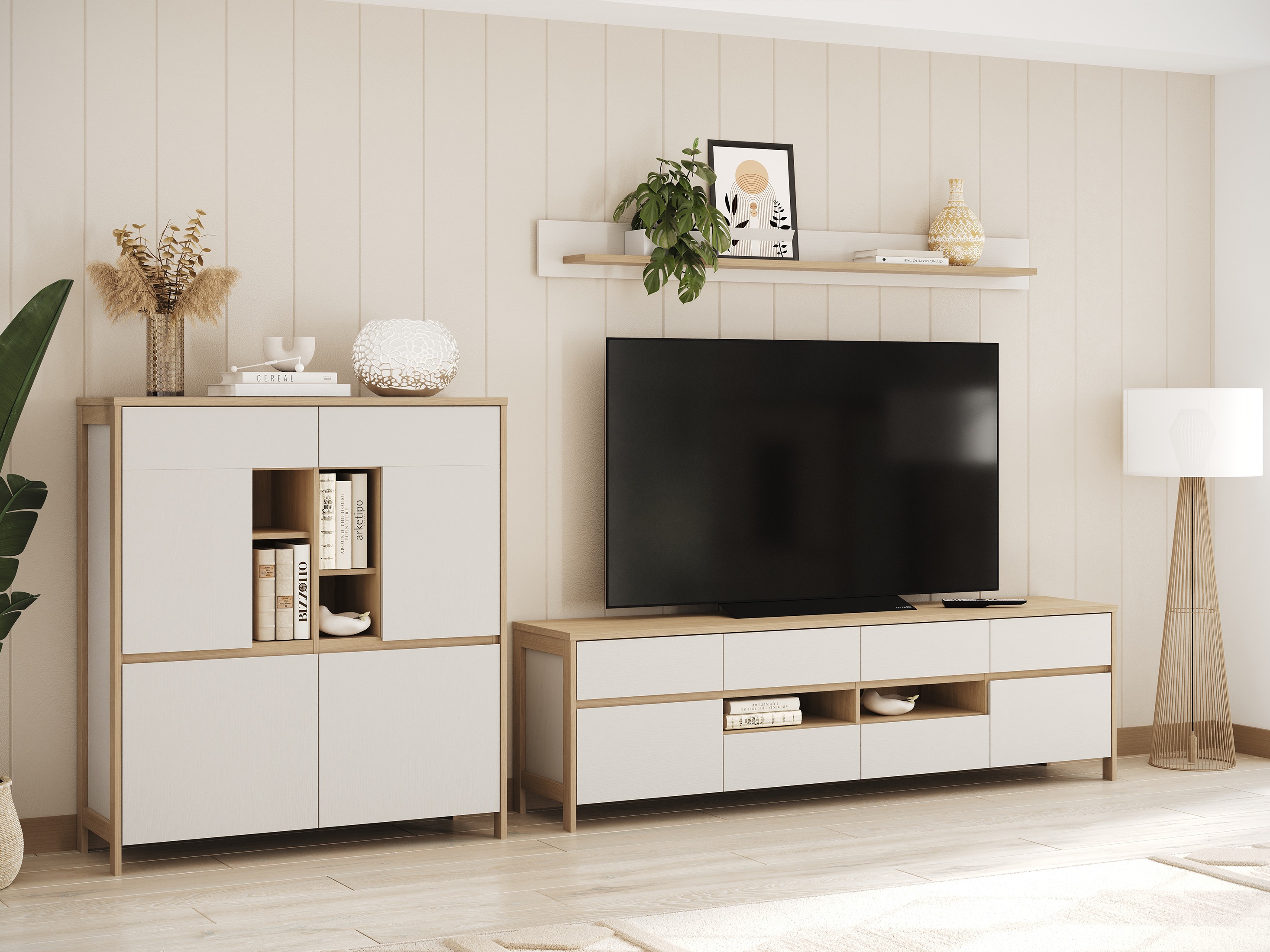 Wohnzimmer-Sets Fermaru 112 (Weiss + Eichenholzoptik)