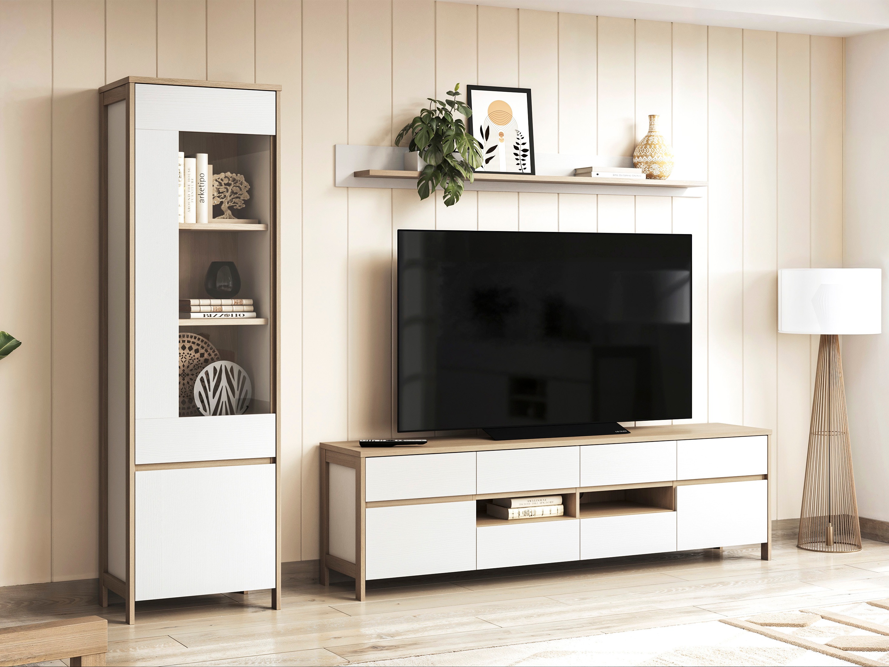 Wohnzimmer-Sets Fermaru 113 (Weiss + Eichenholzoptik)