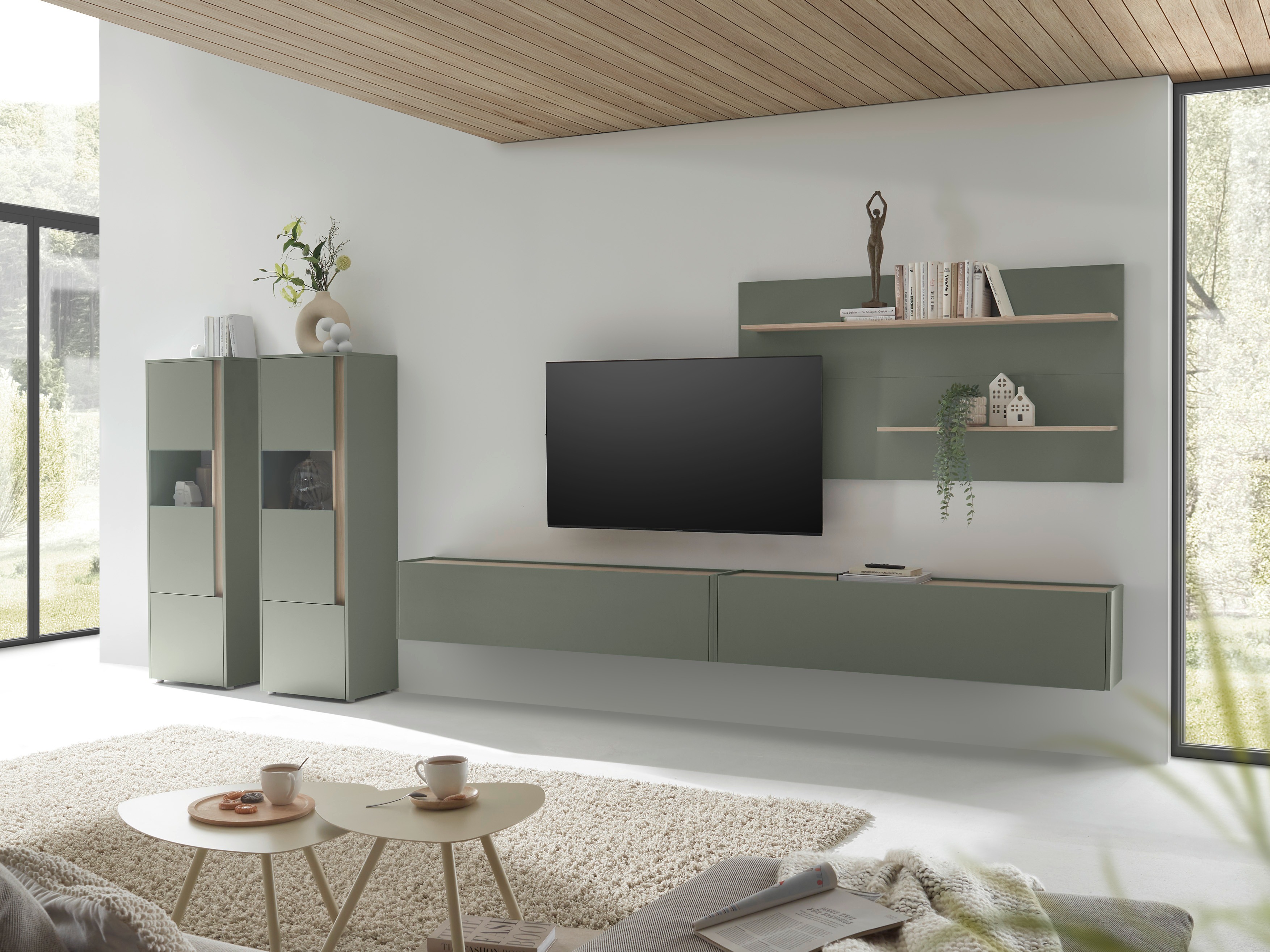 Wohnzimmer-Set Elbsori 135 (Grün + Eiche)