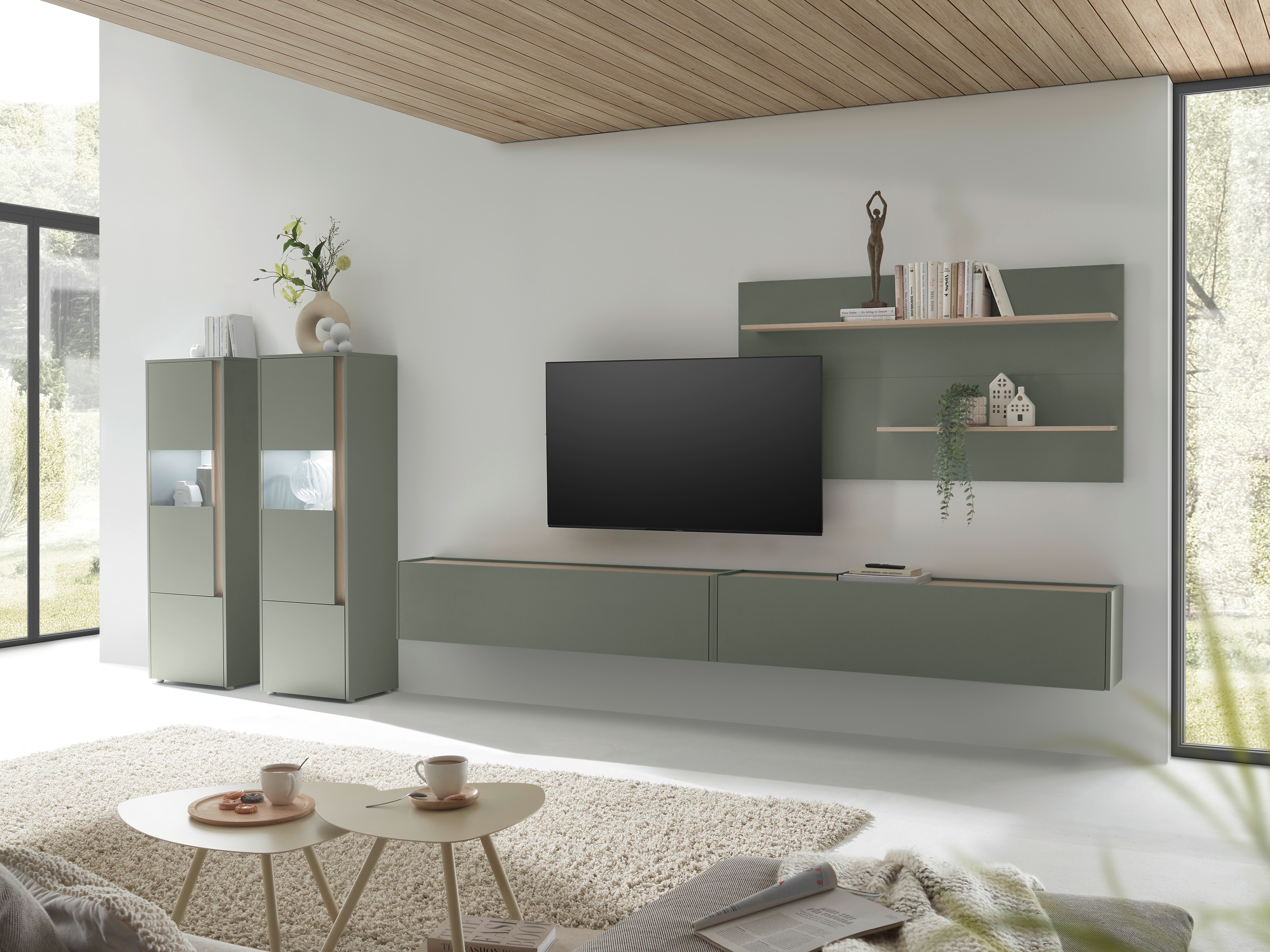 Wohnzimmer-Sets Elbsori 135 (Grün + Eichenholzoptik)