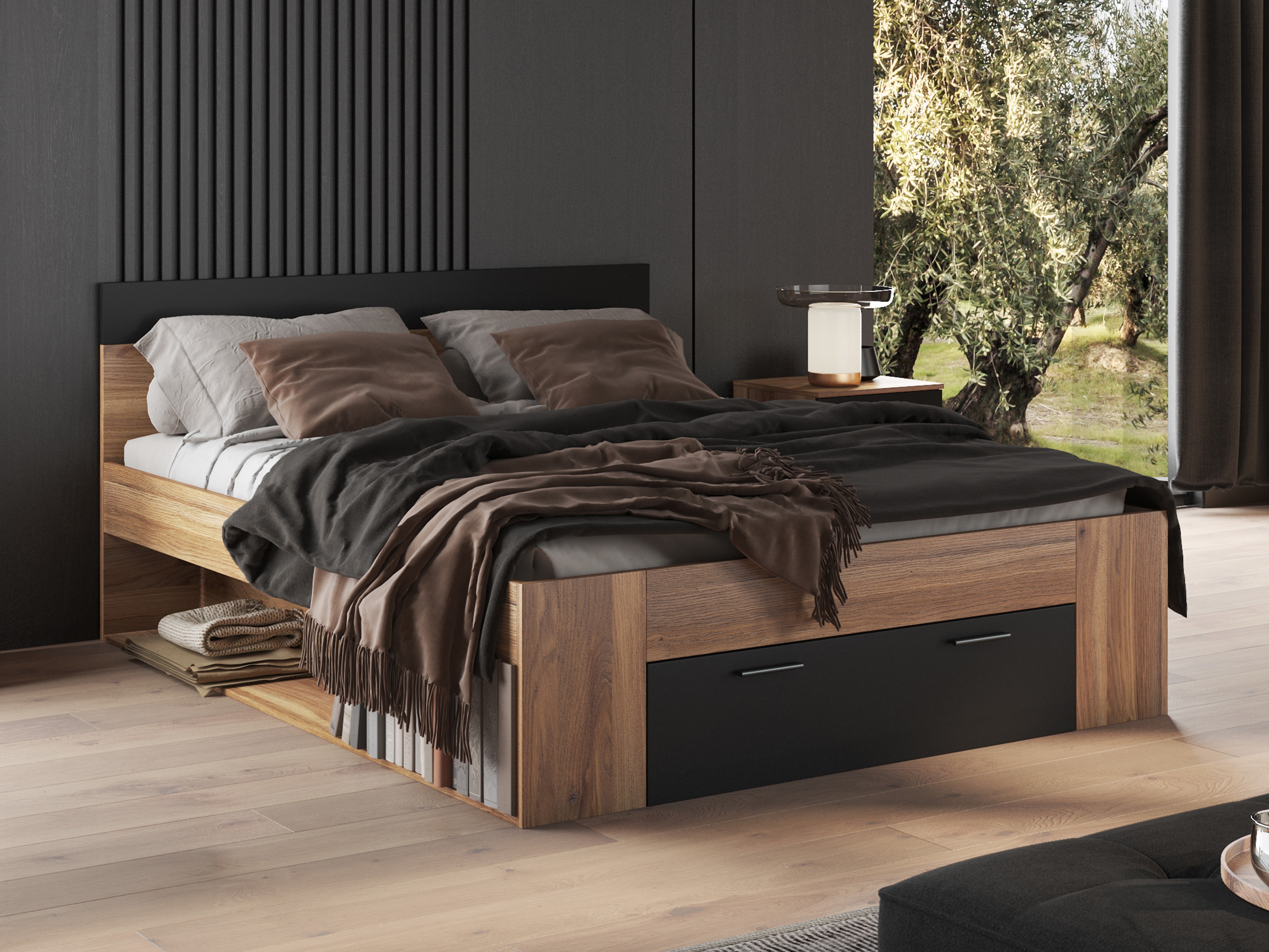 Bett Melvele 108 (Eiche + Schwarz)