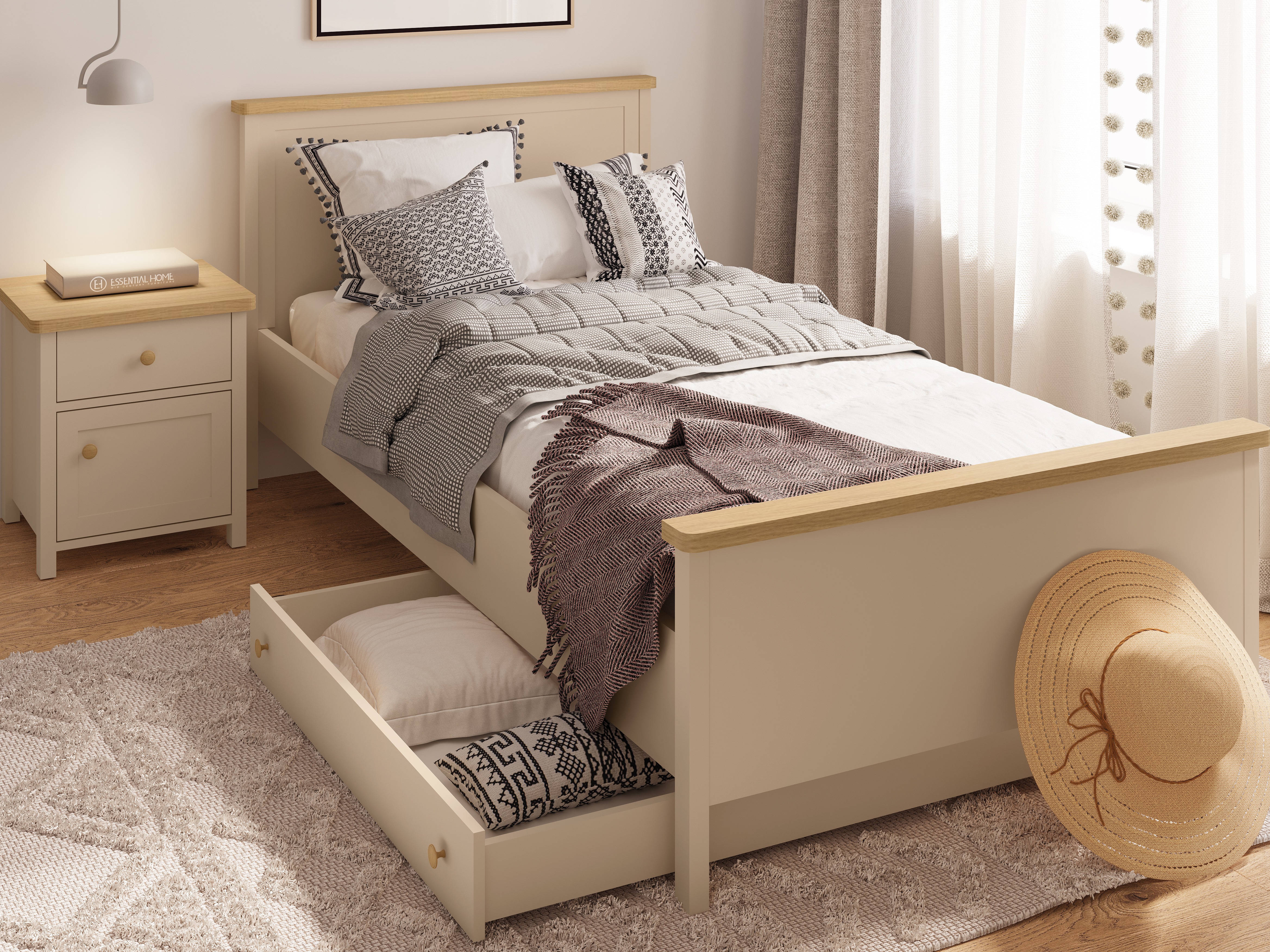 Bett Romelbo 148 (Beige + Eichenholzoptik)