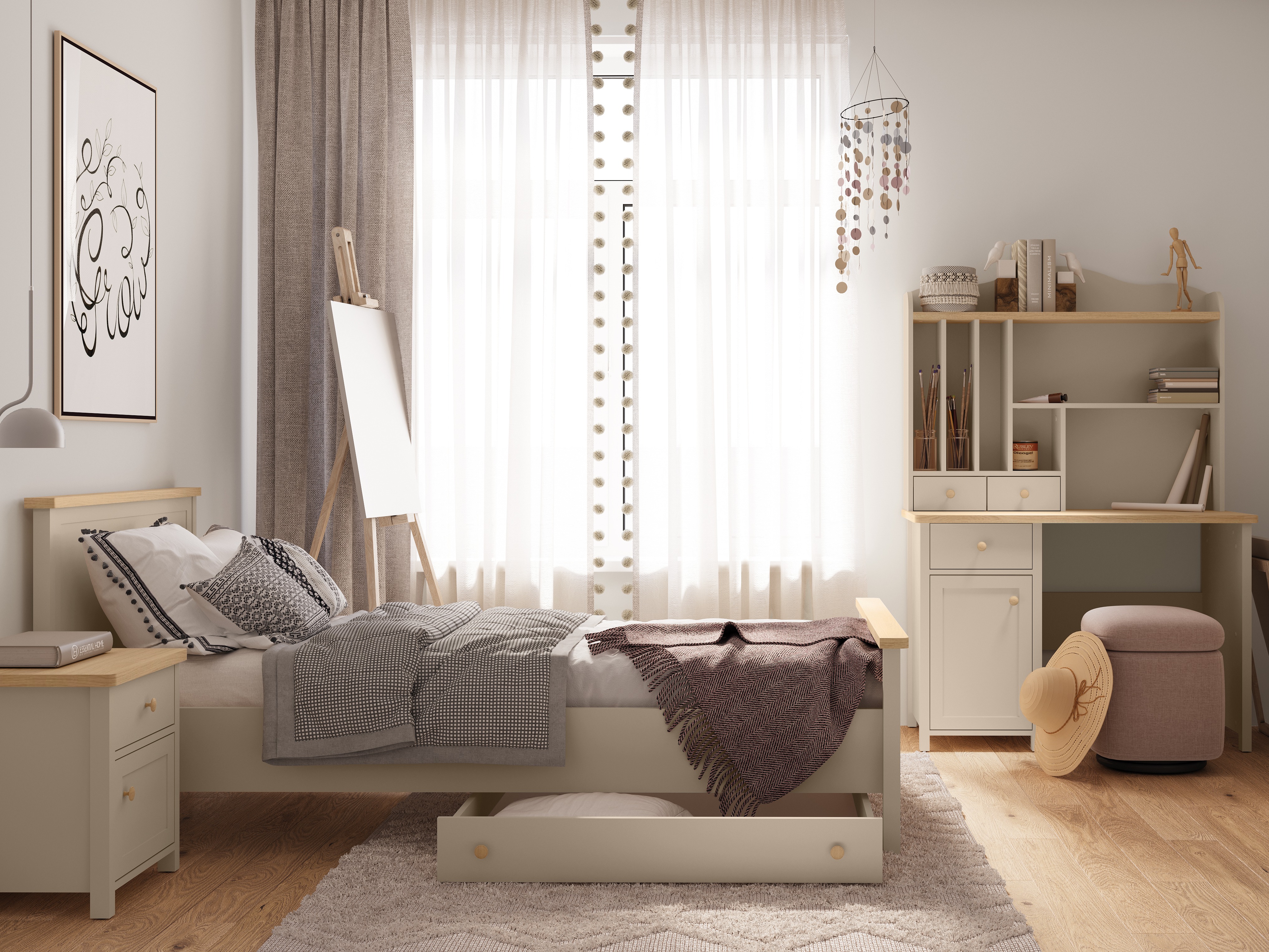 Bett Romelbo 148 (Beige + Eichenholzoptik)