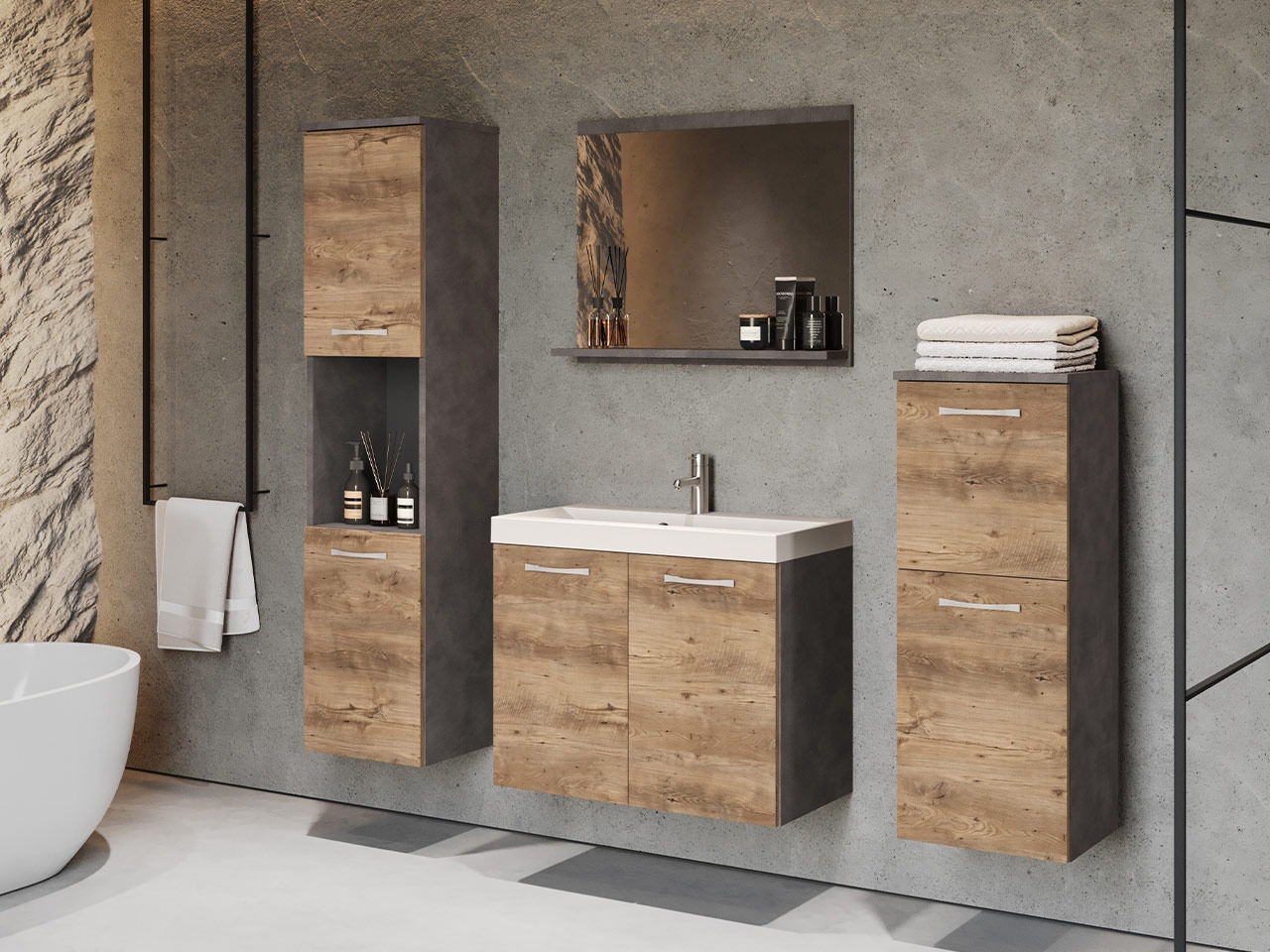Badezimmer-Set Sarasota 108 (Matera grau + Kastanienholzoptik)