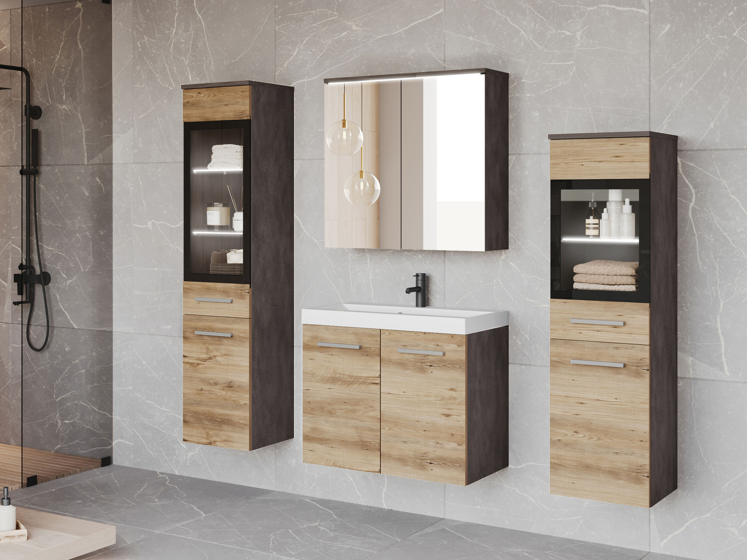 Badezimmer-Set Sarasota 140 (Matera grau + Kastanienholzoptik)