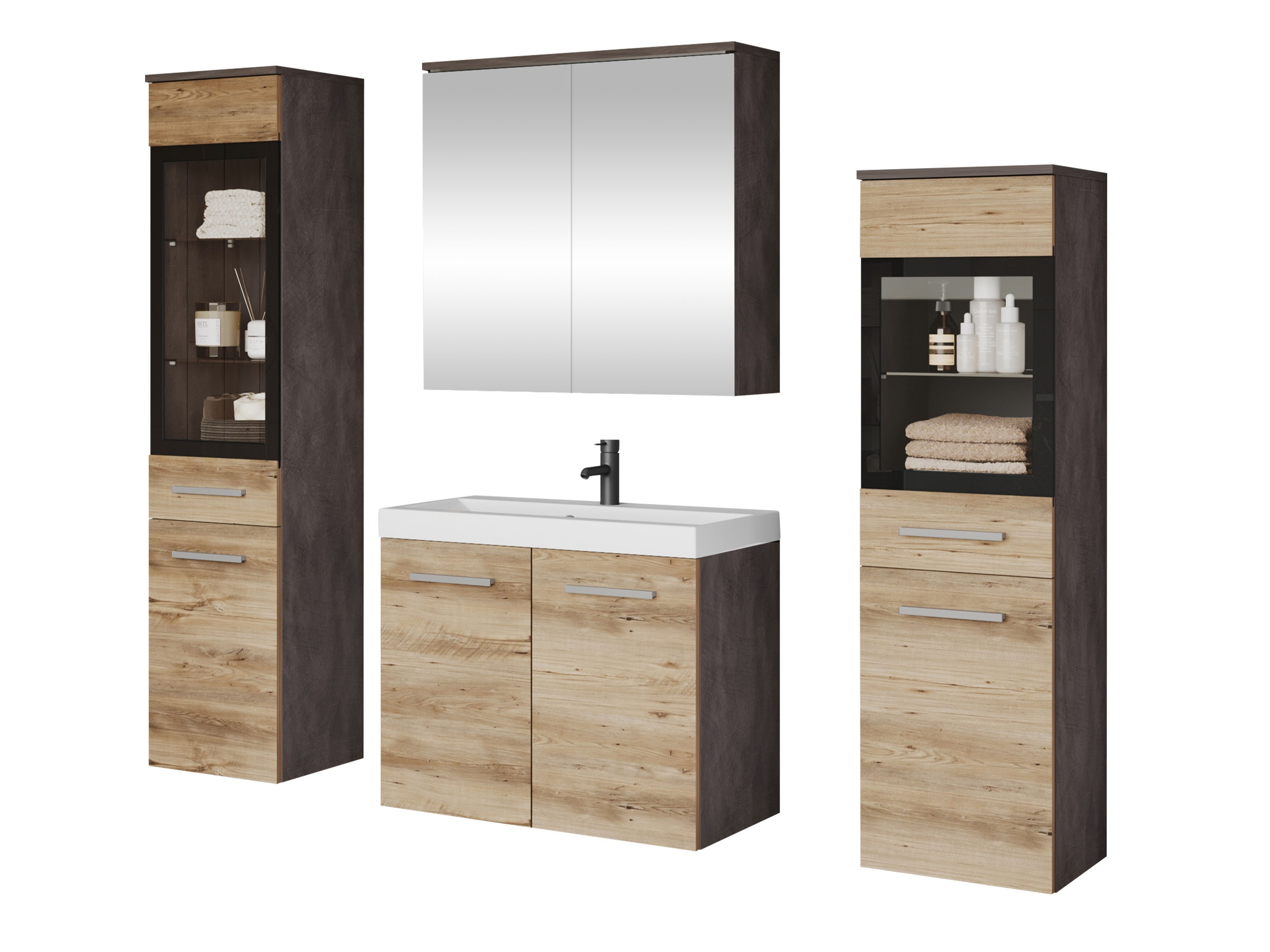 Badezimmer-Set Scientia III (Matera grau + Kastanienholzoptik)