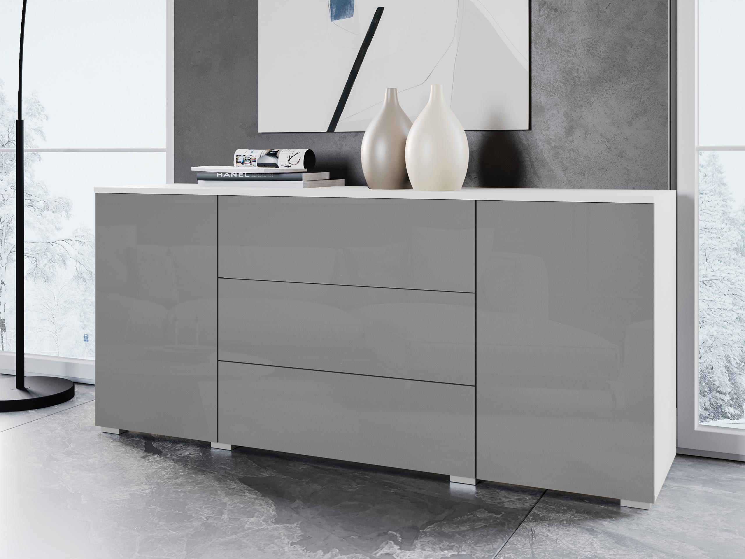 Kommoden Sarasota 129 (Weiss + Grau glänzend)