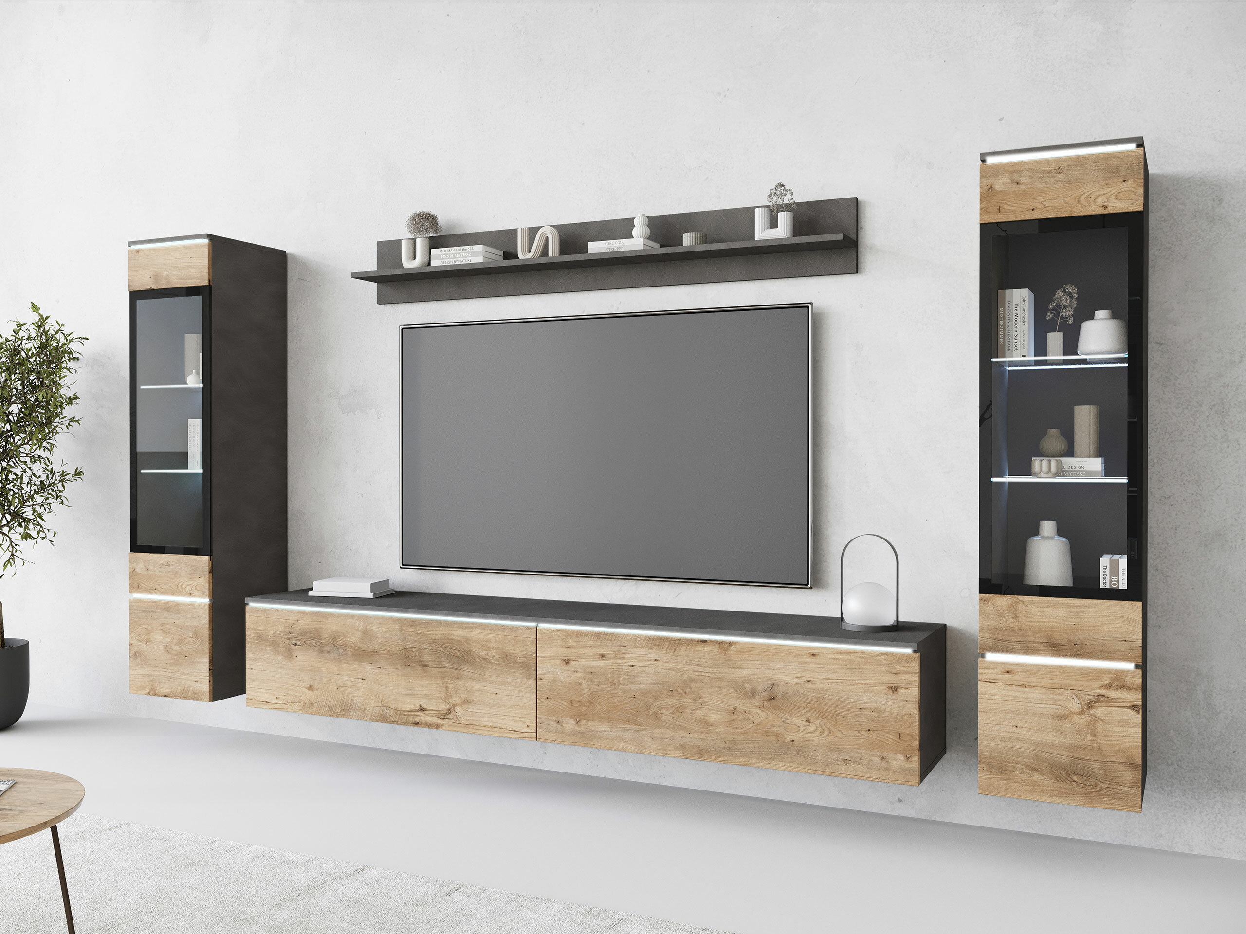 Wohnzimmer-Set Mirfivo 101 (Matera grau + Kastanienholzoptik)