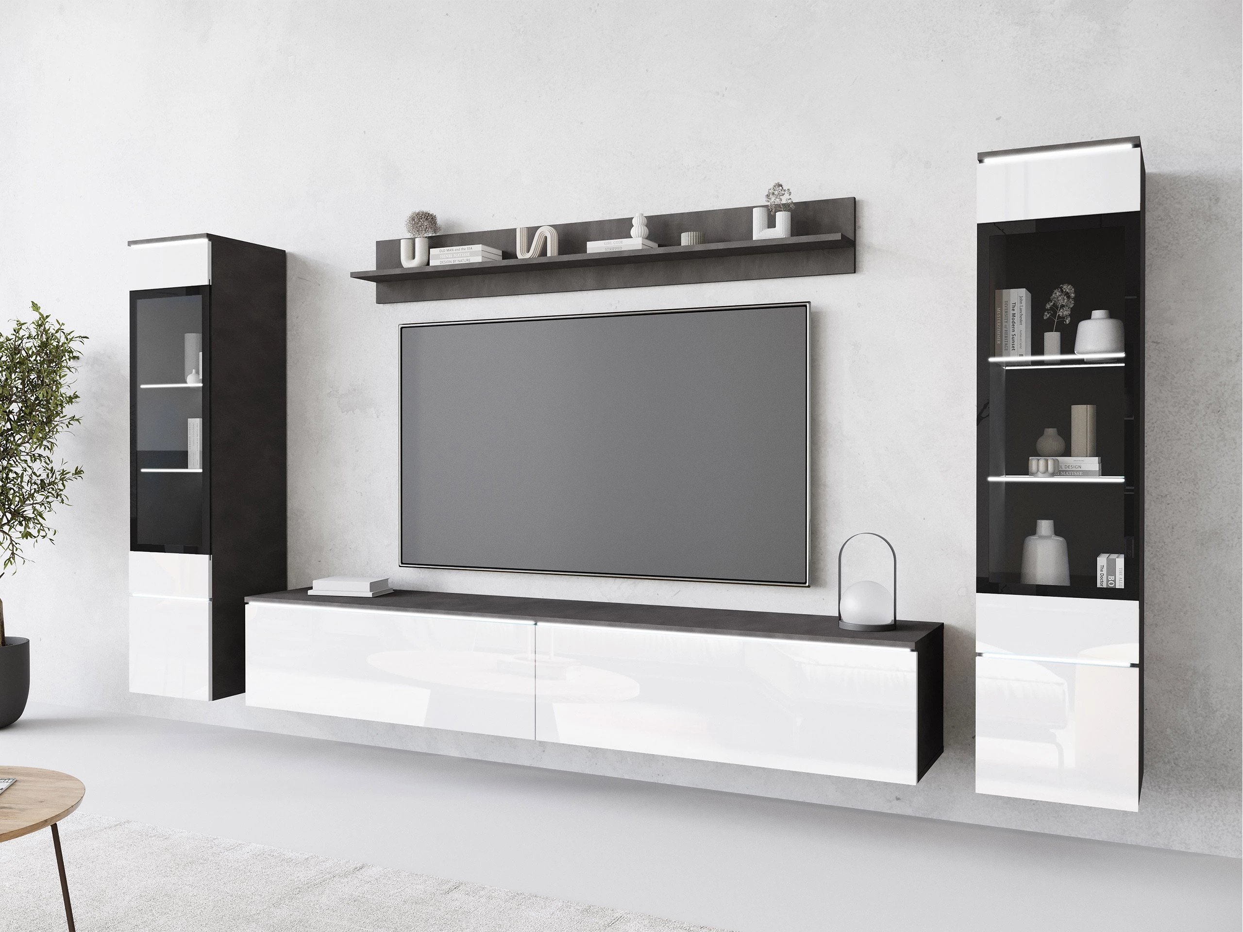 Wohnzimmer-Set Mirfivo 101 (Matera grau + Weiss glänzend)