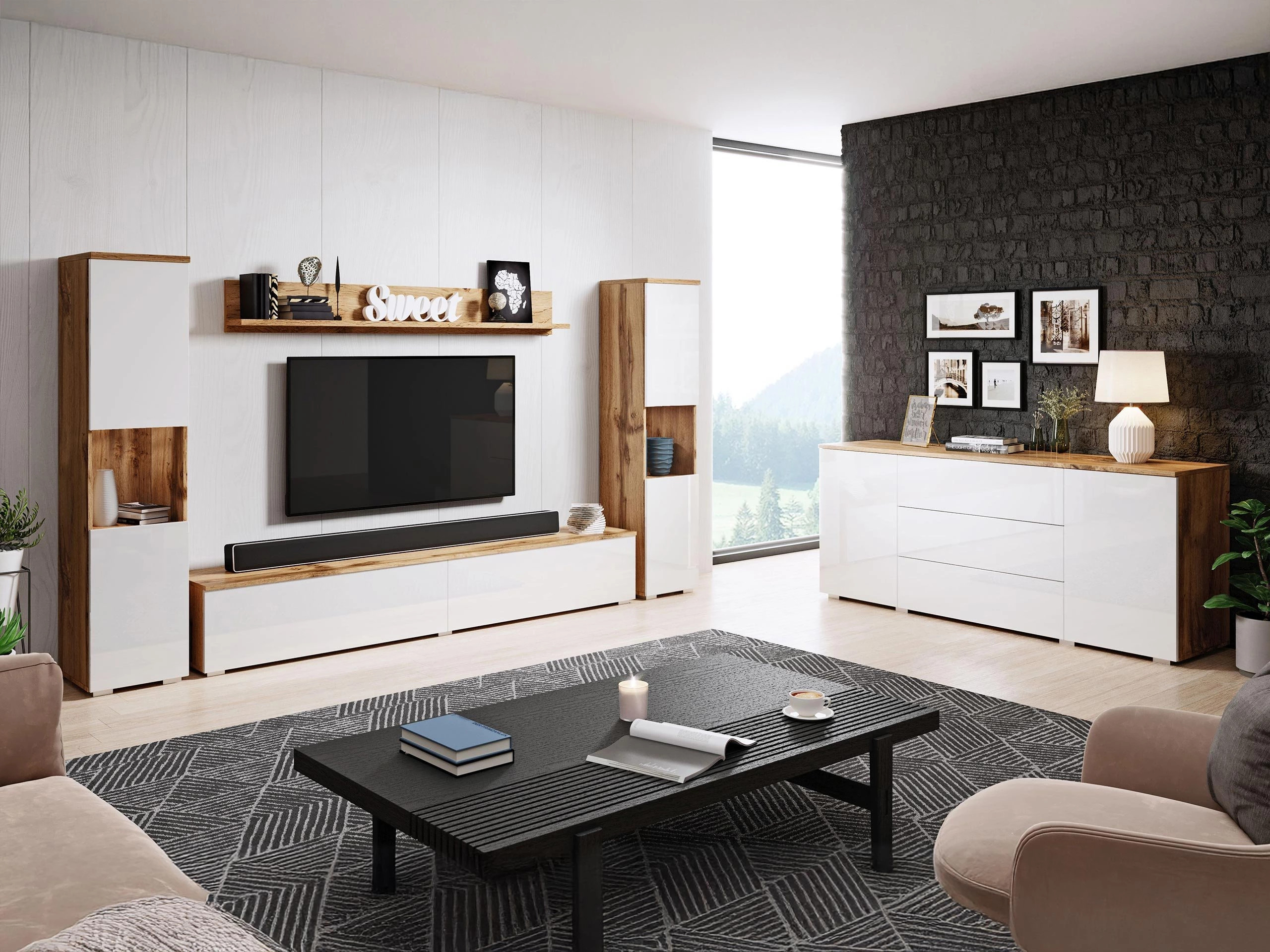 Wohnzimmer-Set Sarasota 133 (Wotan Eiche + Weiss glänzend)