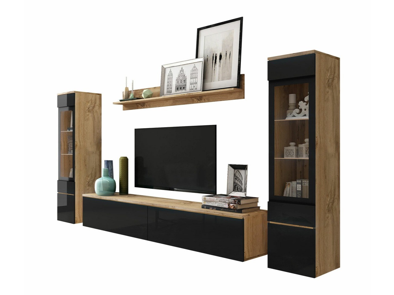 Wohnzimmer-Sets Mirfivo 101 (Wotan Eiche + Schwarz glänzend)