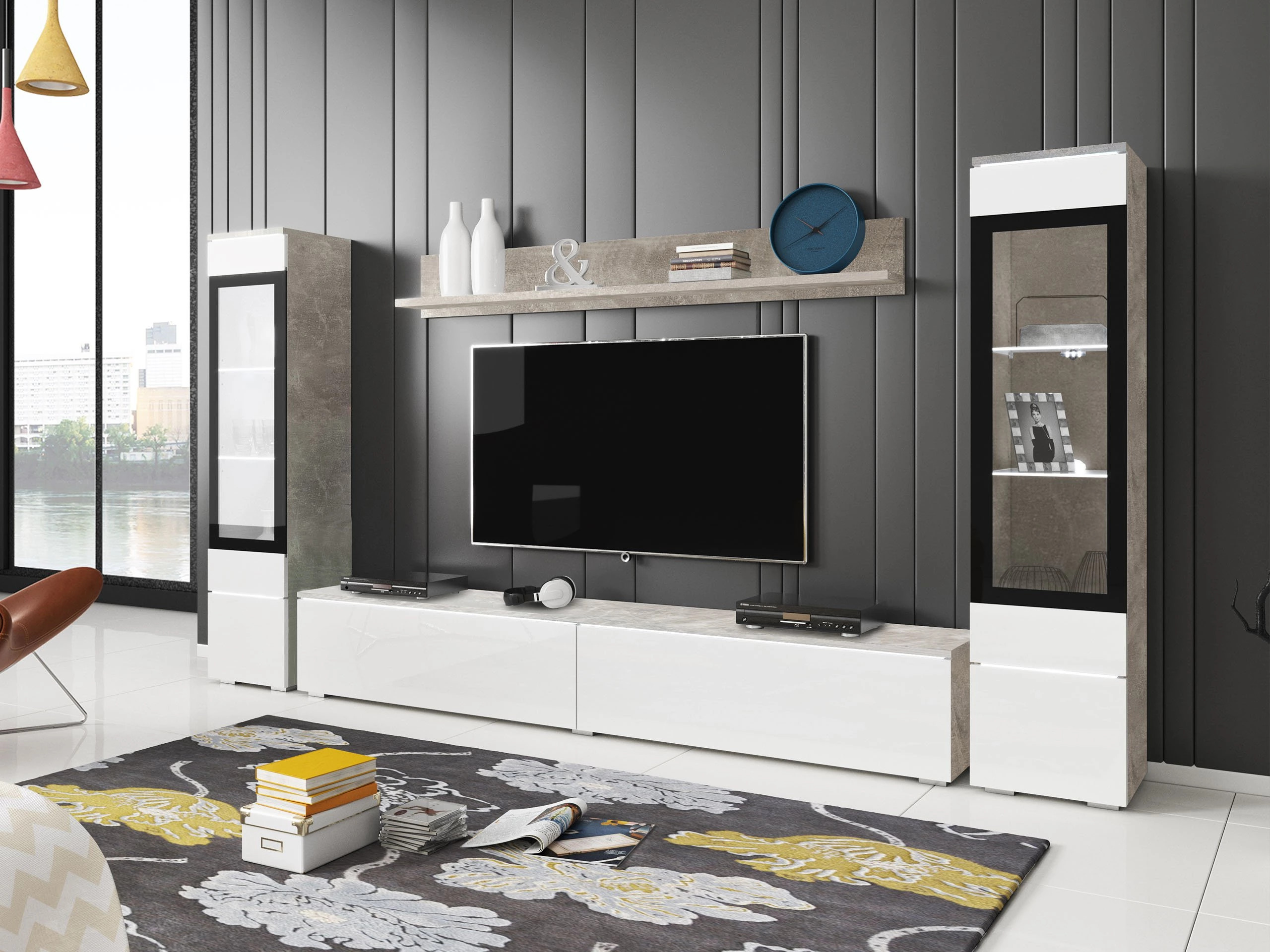 Wohnzimmer-Sets Sarasota 126 (Beton + Weiss glänzend)