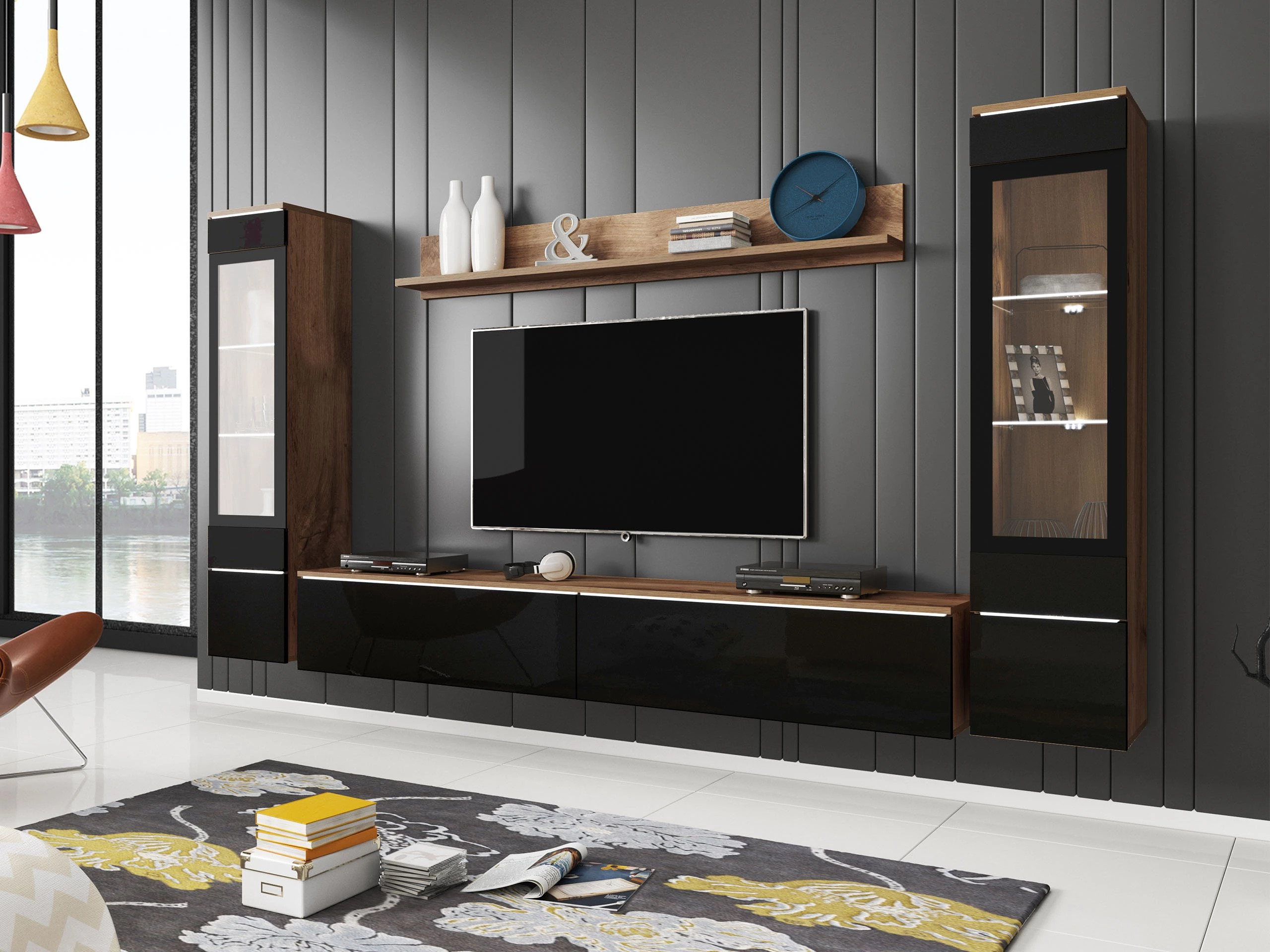 Wohnzimmer-Sets Sarasota 126 (Wotan Eiche + Schwarz glänzend)