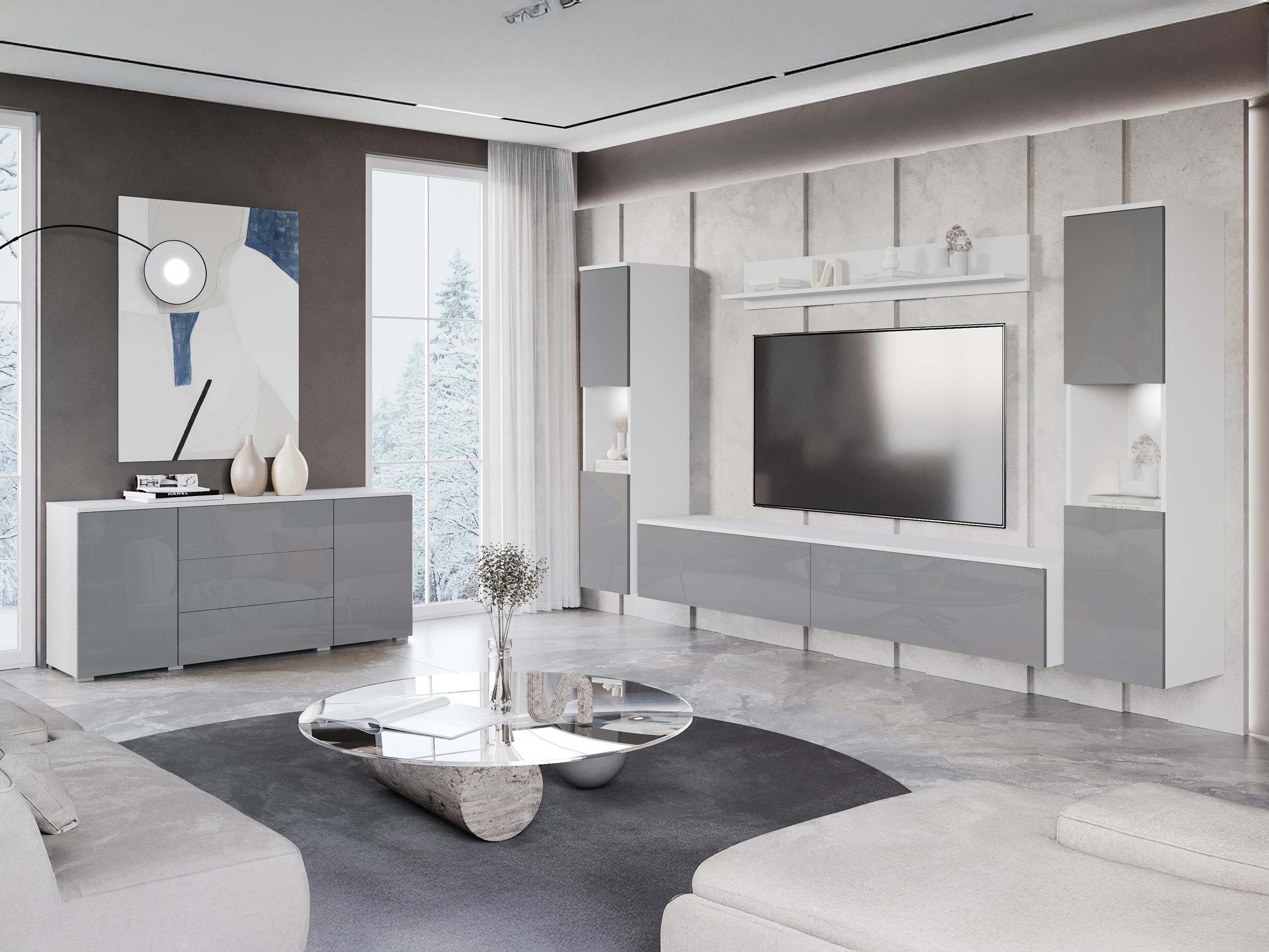 Wohnzimmer-Sets Sarasota 133 (Weiss + Weiss glänzend)