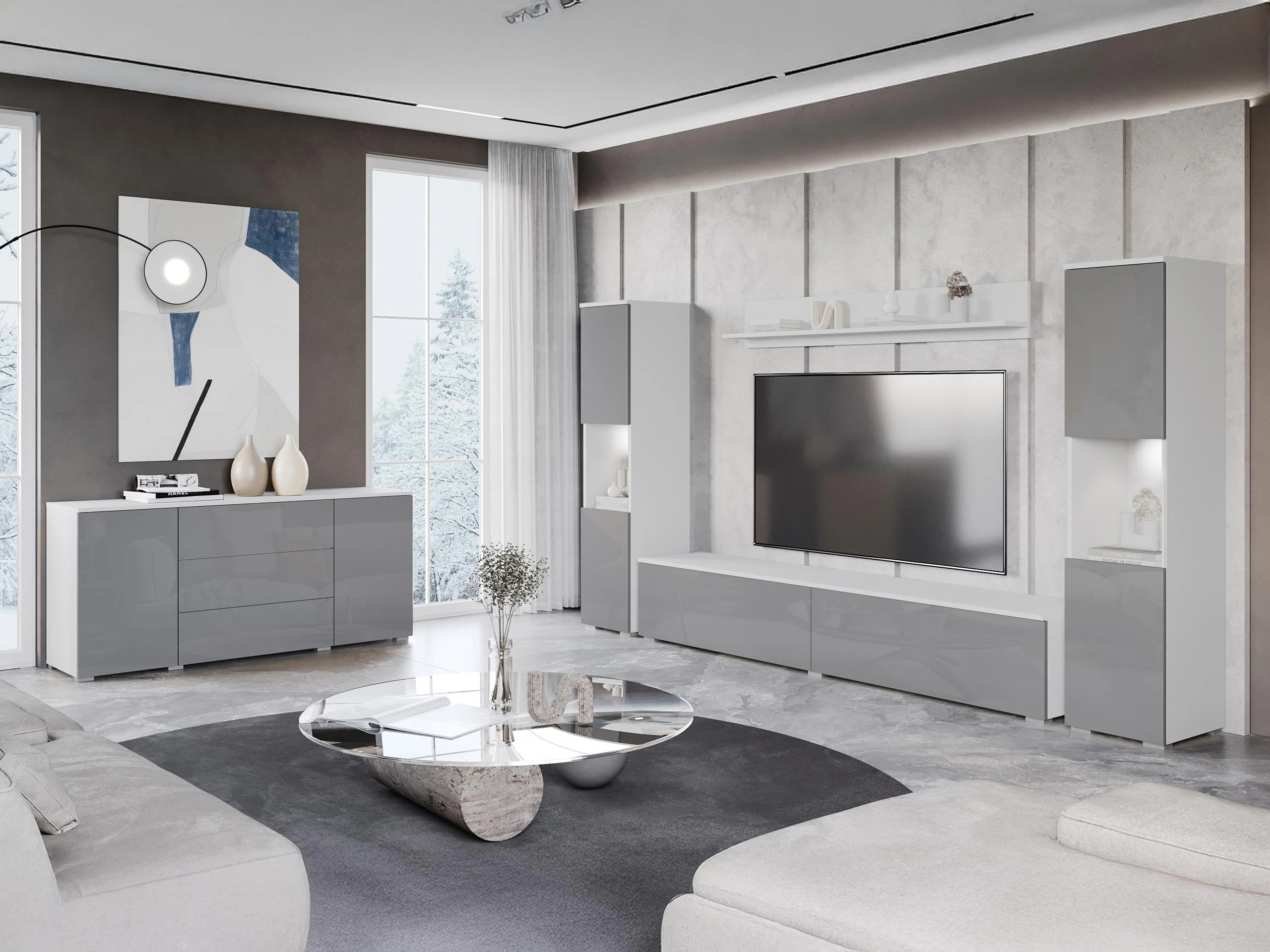 Wohnzimmer-Sets Sarasota 133 (Weiss + Weiss glänzend)