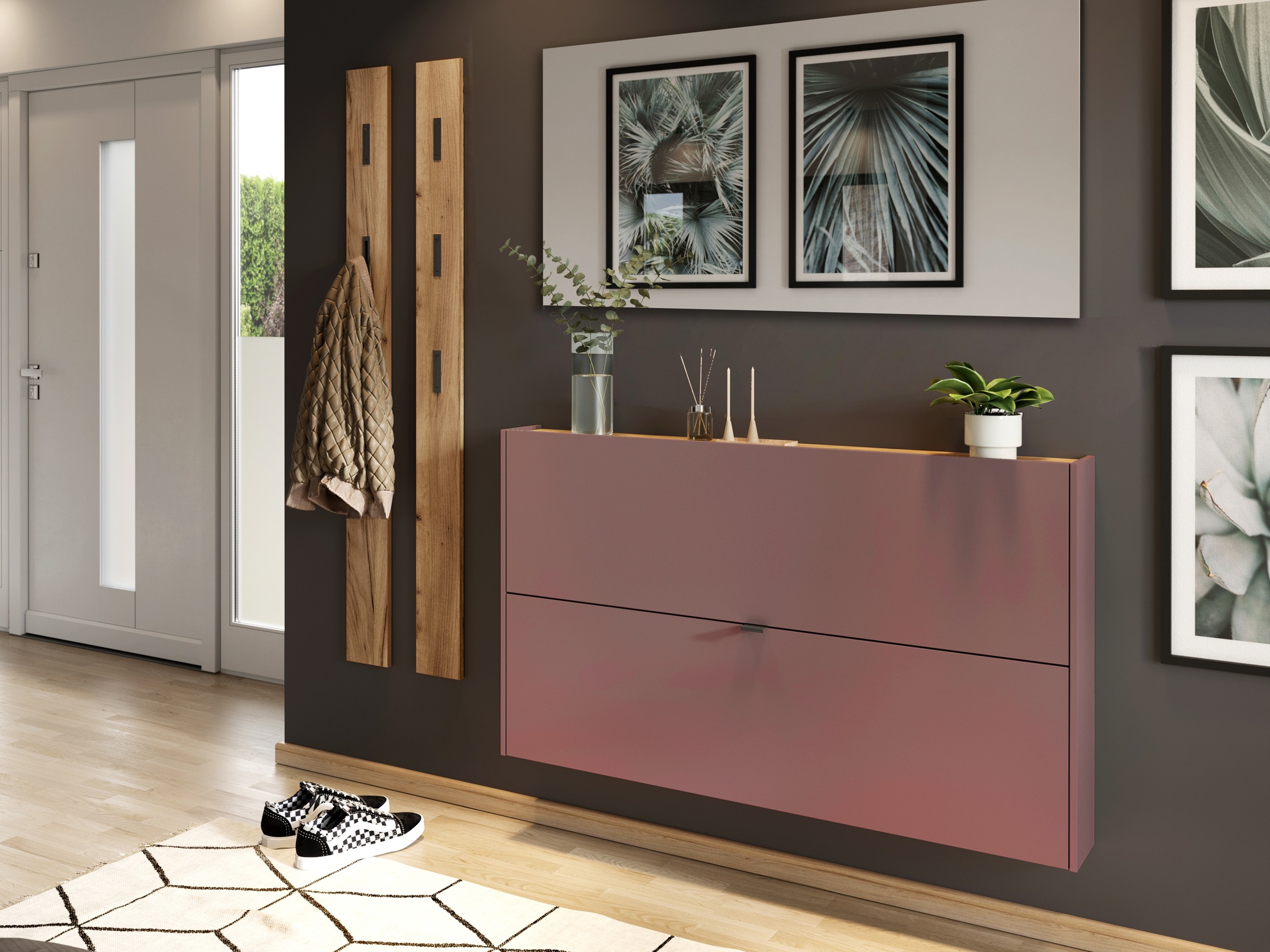 Schuhschrank Cirsale 108 (Staubig rosa + Navarra eichenholzoptik)