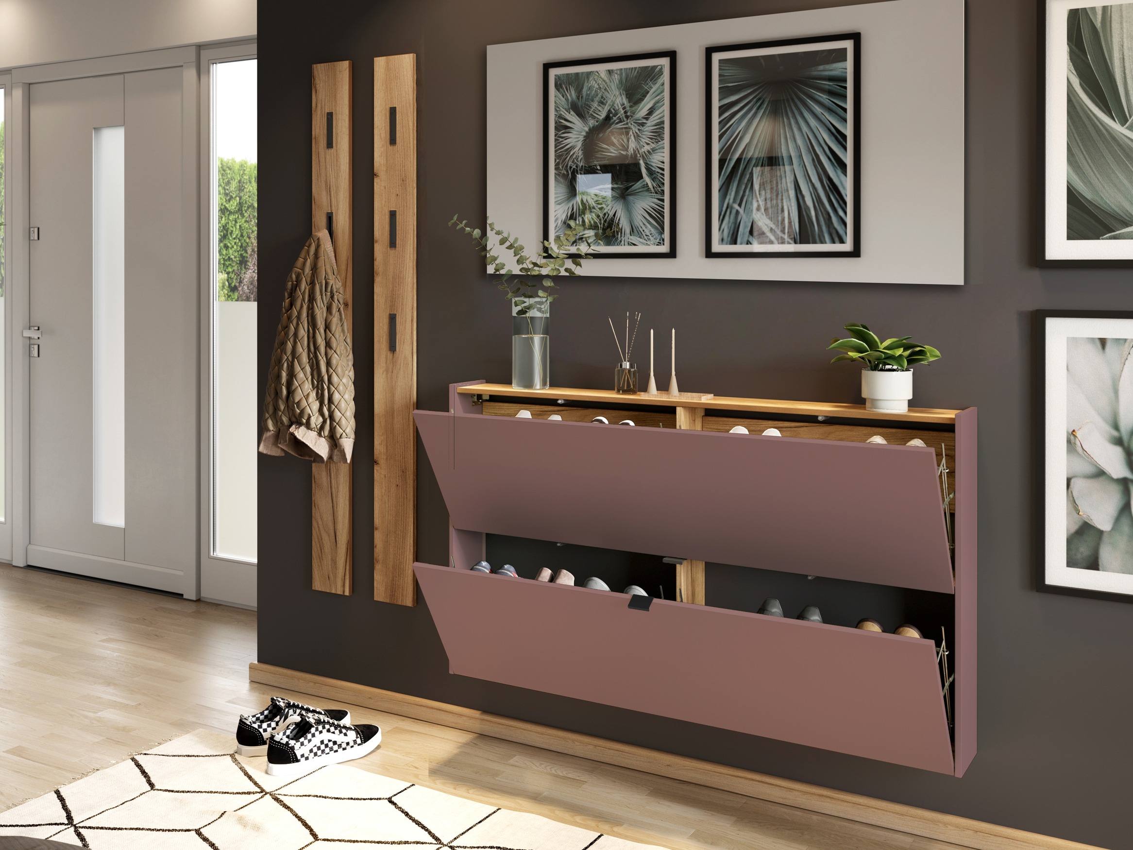 Schuhschrank Cirsale 108 (Staubig rosa + Navarra eichenholzoptik)