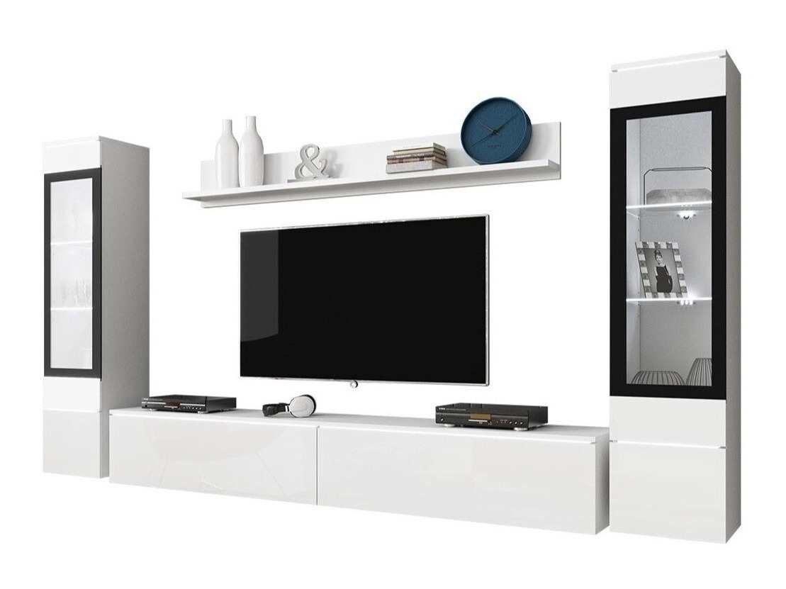 Wohnzimmer-Set Mirfivo 101 (Weiss + Weiss glänzend)