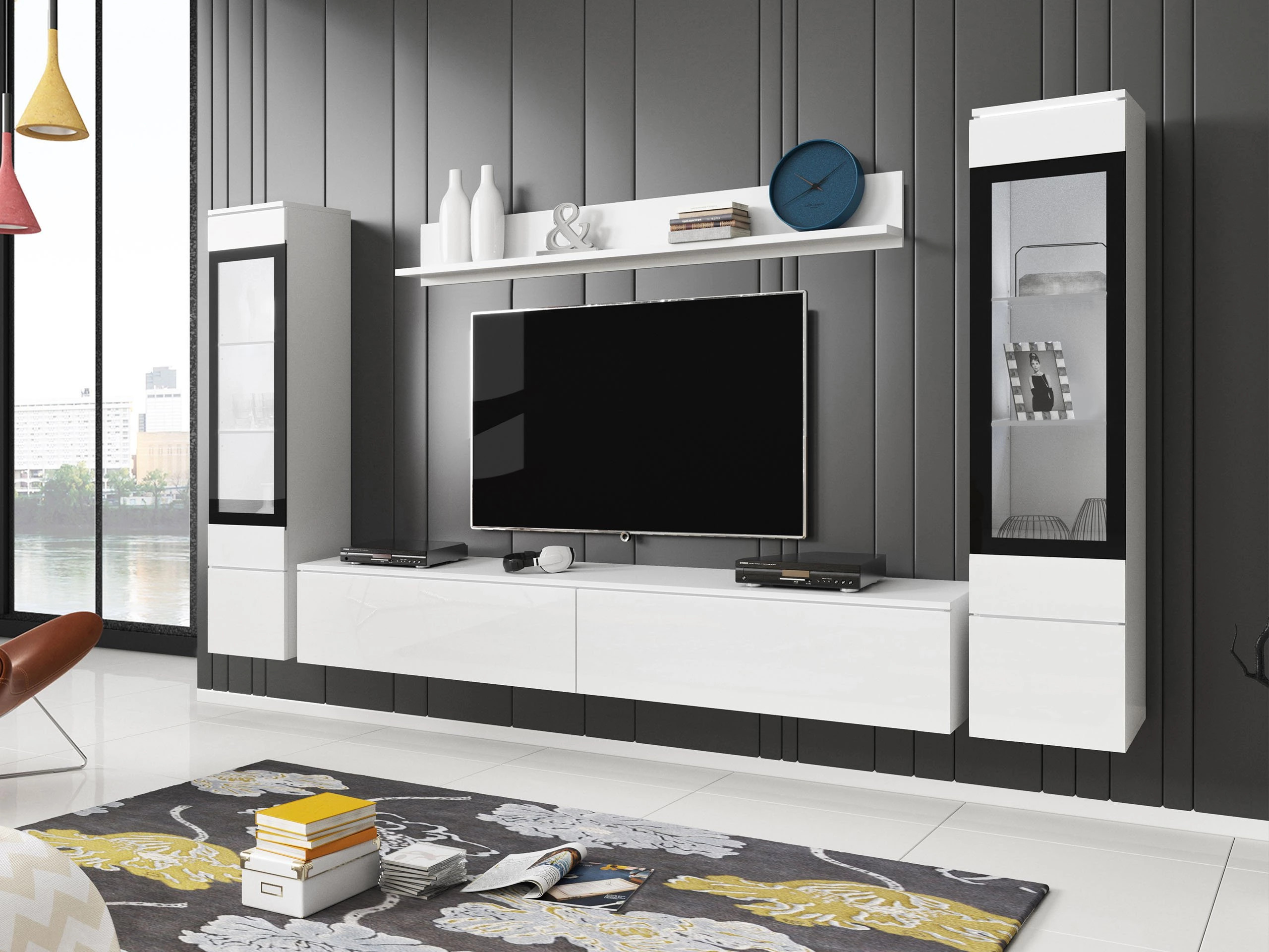 Wohnzimmer-Sets Mirfivo 101 (Weiss + Weiss glänzend)