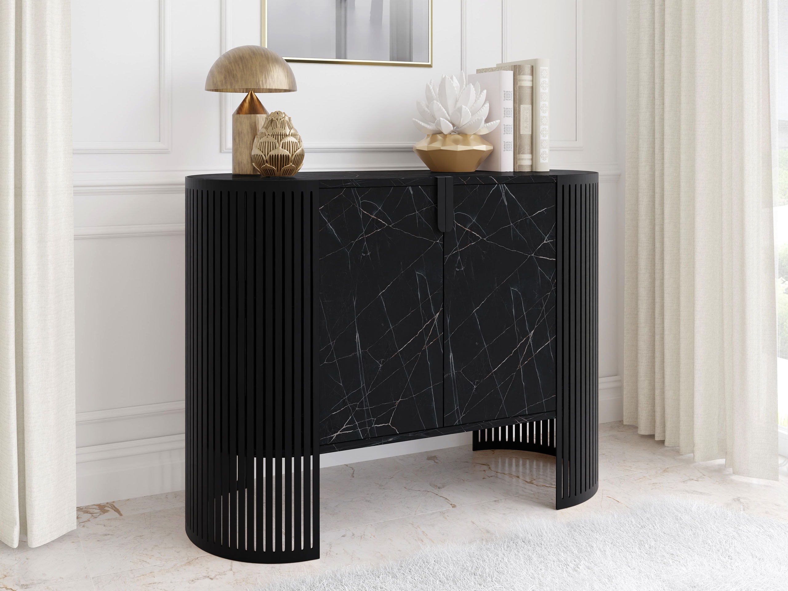 Sideboard Oswego 140 (Schwarz + Schwarzer Marmor)