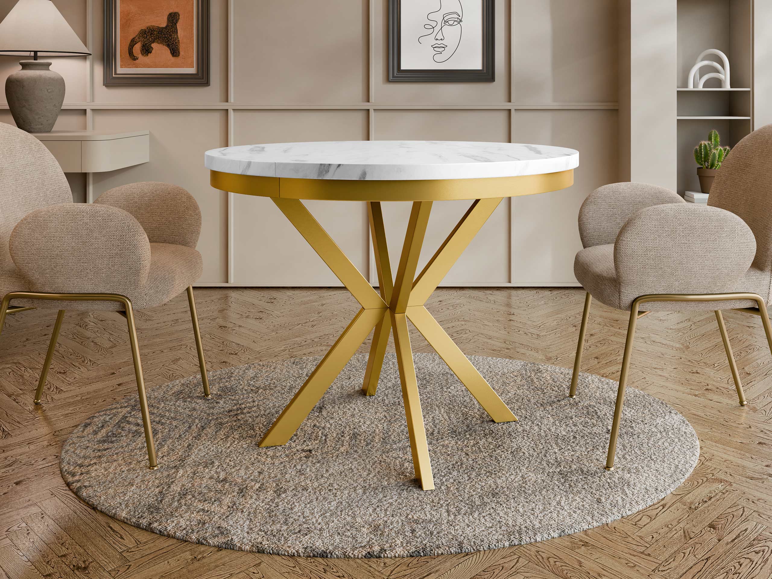 Tisch Oswego 155 (Weisser Marmor + Gold)
